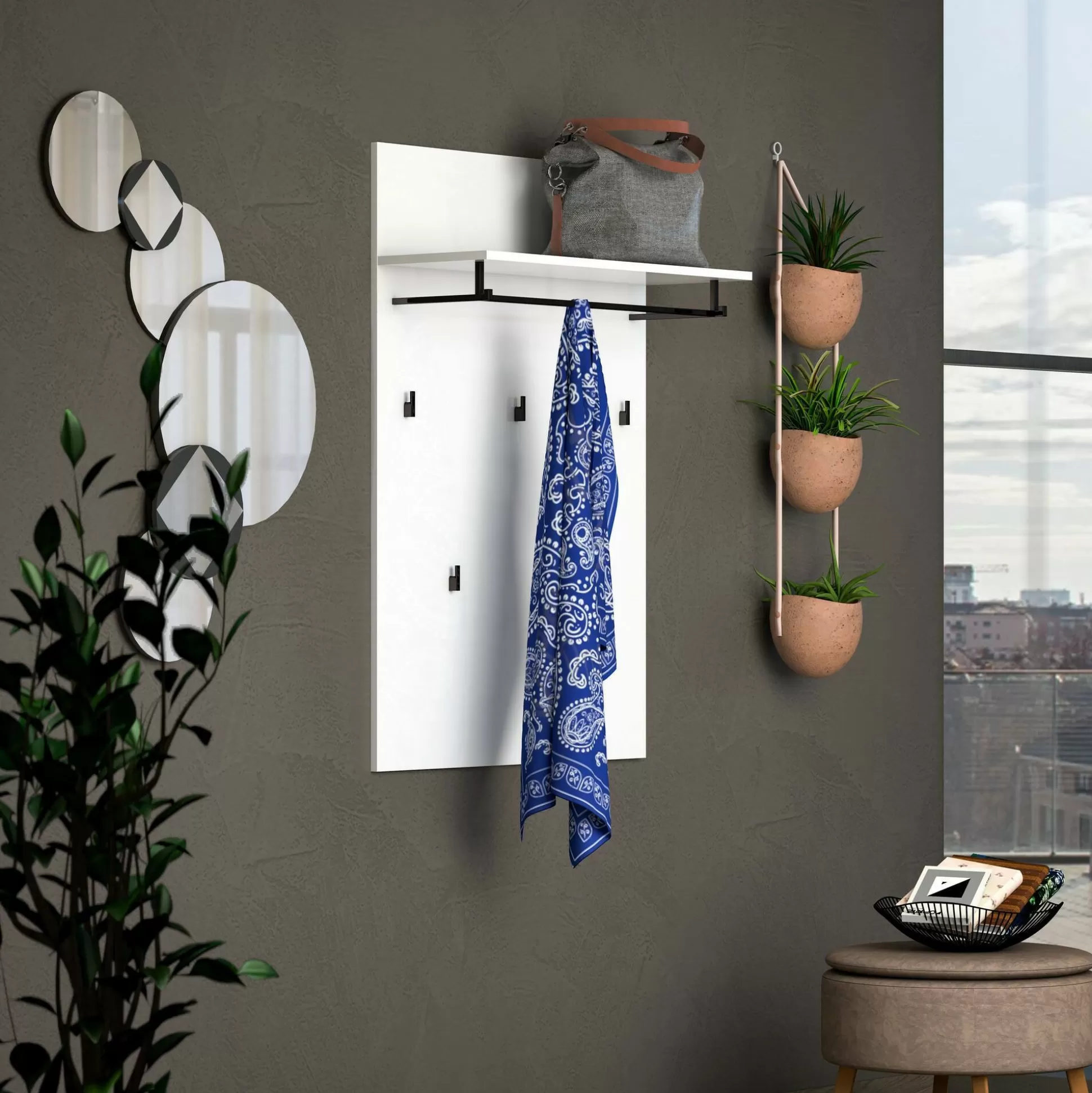 Dmora Attaccapanni<Appendiabiti Henry, 80x115h26 cm, Bianco lucido e Antracite