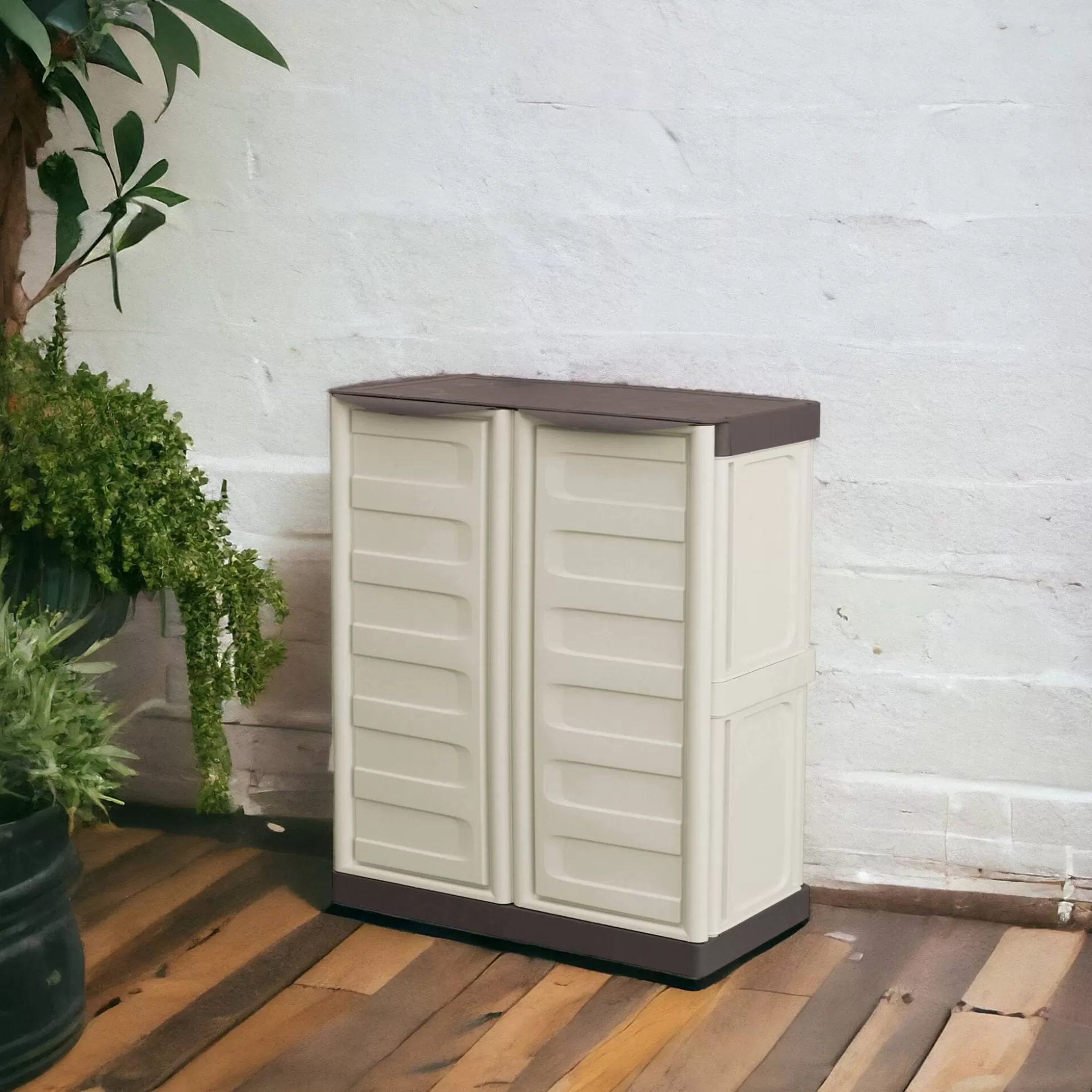 Dmora Armadi Da Esterno<Armadio da esterno Acira, Beige e Marrone, 70x39h86 cm Finitura righe