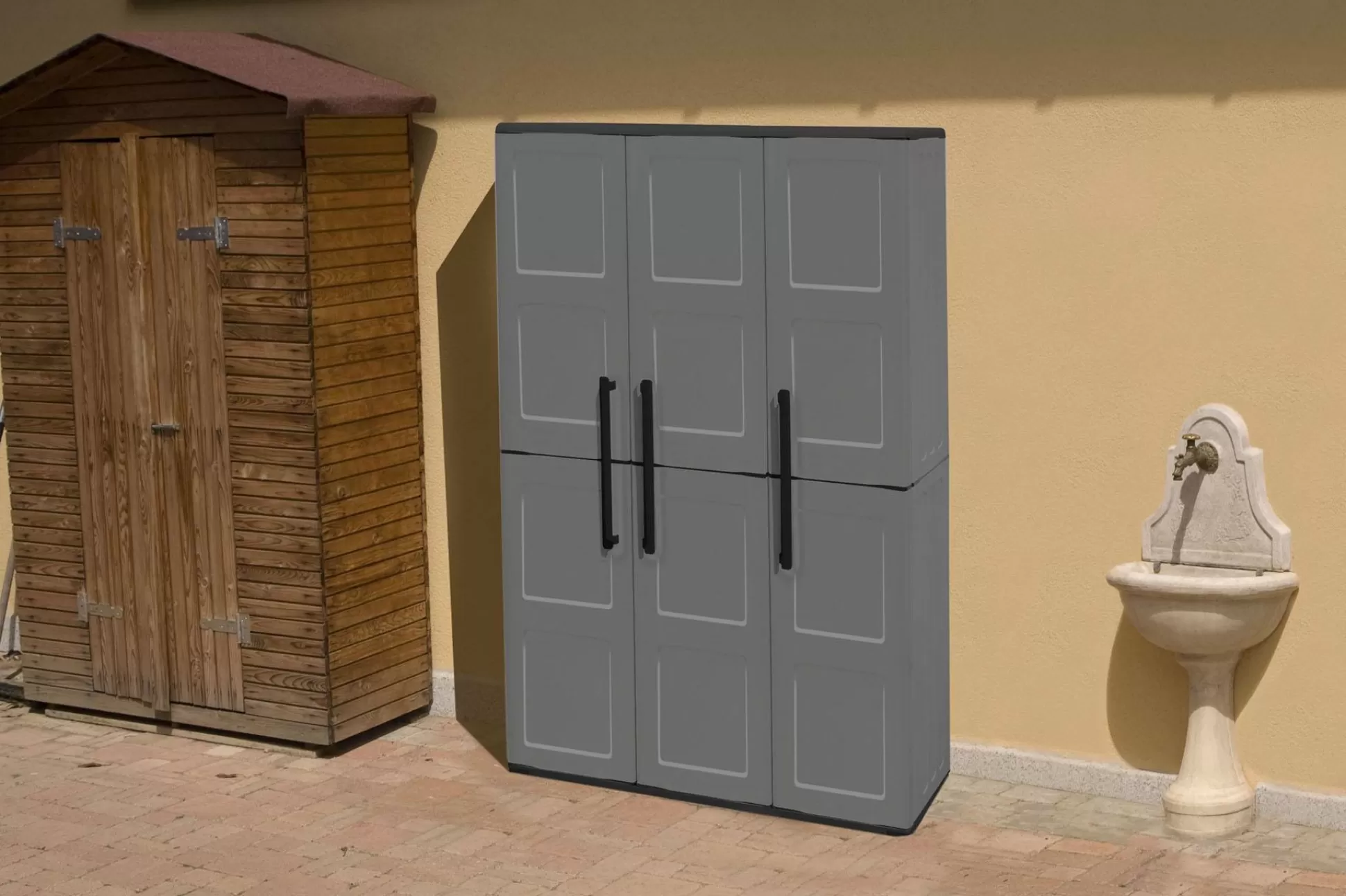 Dmora Armadi Da Esterno<Armadio da esterno Amordel, Grigio e Nero, 102x37h163 cm Finitura quadri