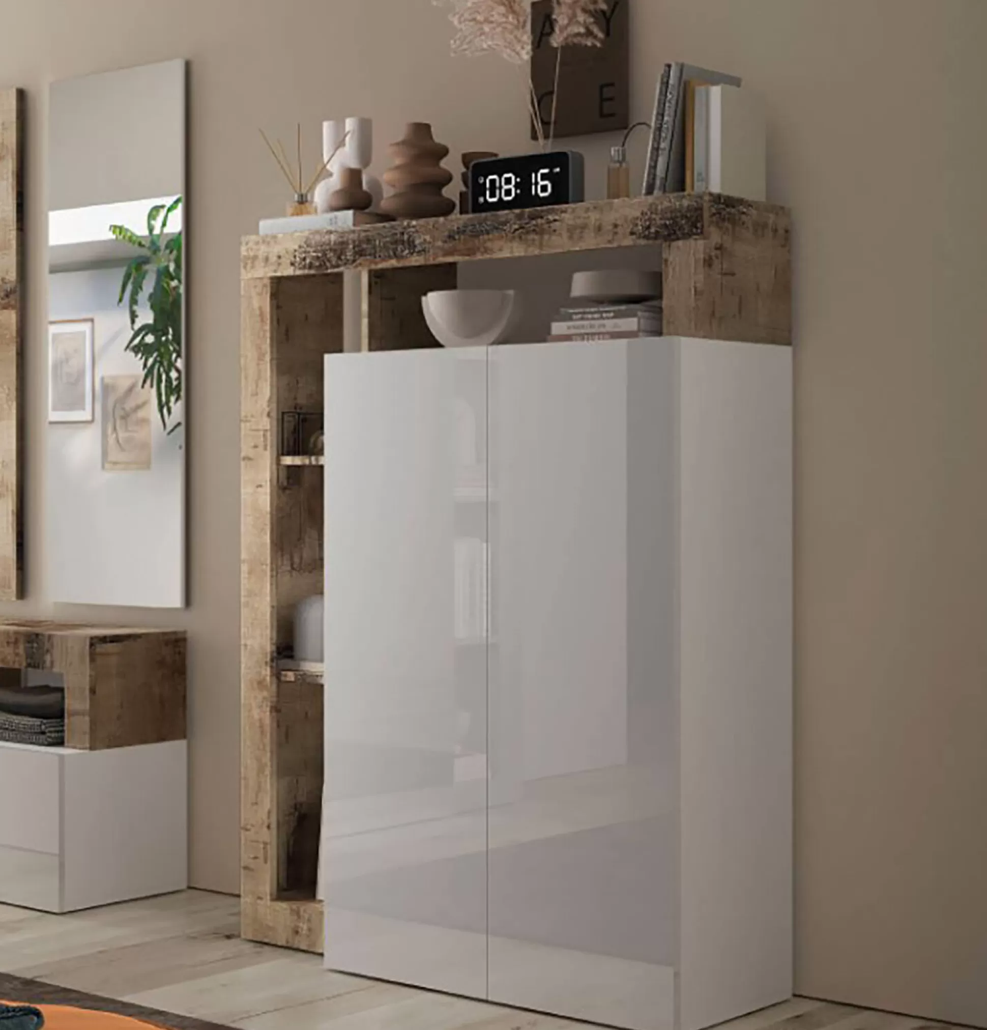 Dmora Armadi Multiuso 2 Ante<Armadio multiuso 2 ante Dbea, 78x35 h116 cm, Bianco lucido e Rovere