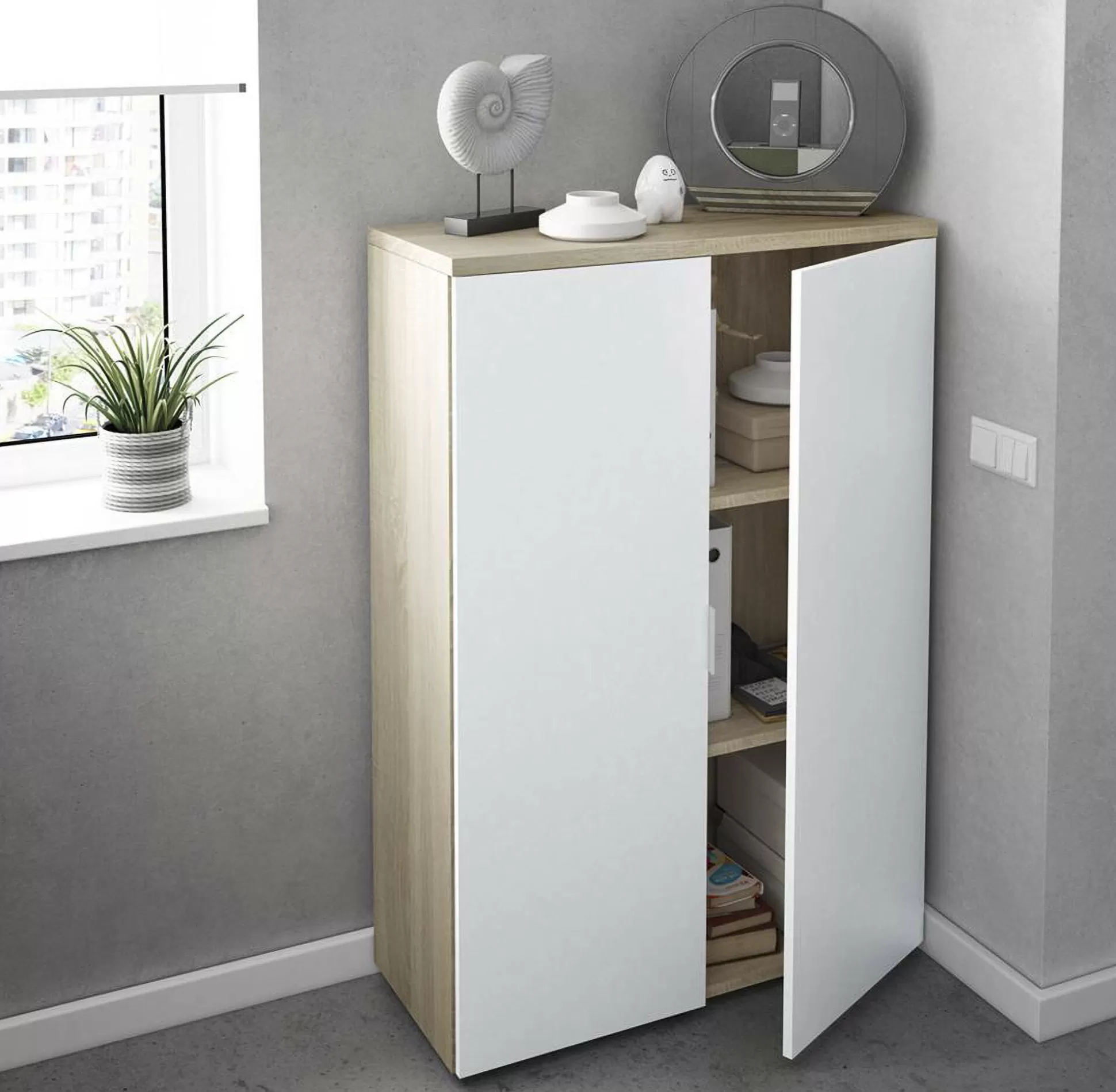 Dmora Armadi Multiuso 2 Ante<Armadio multiuso 2 ante Dionisio, 80x33h119 cm, Rovere e Bianco