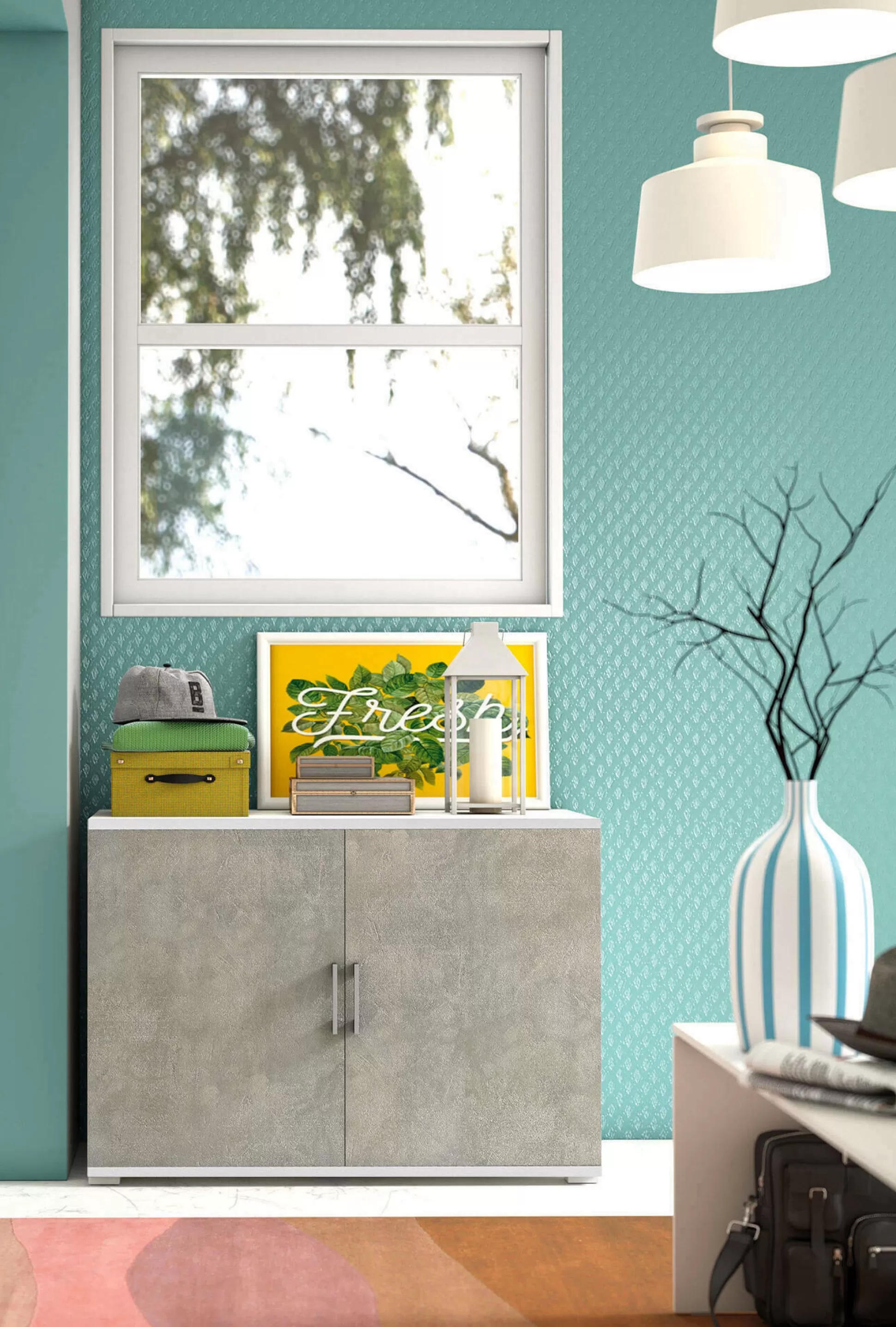 Dmora Armadi Multiuso 2 Ante<Armadio multiuso 2 ante Serafinito, 90x45h66 cm, Cemento e Bianco