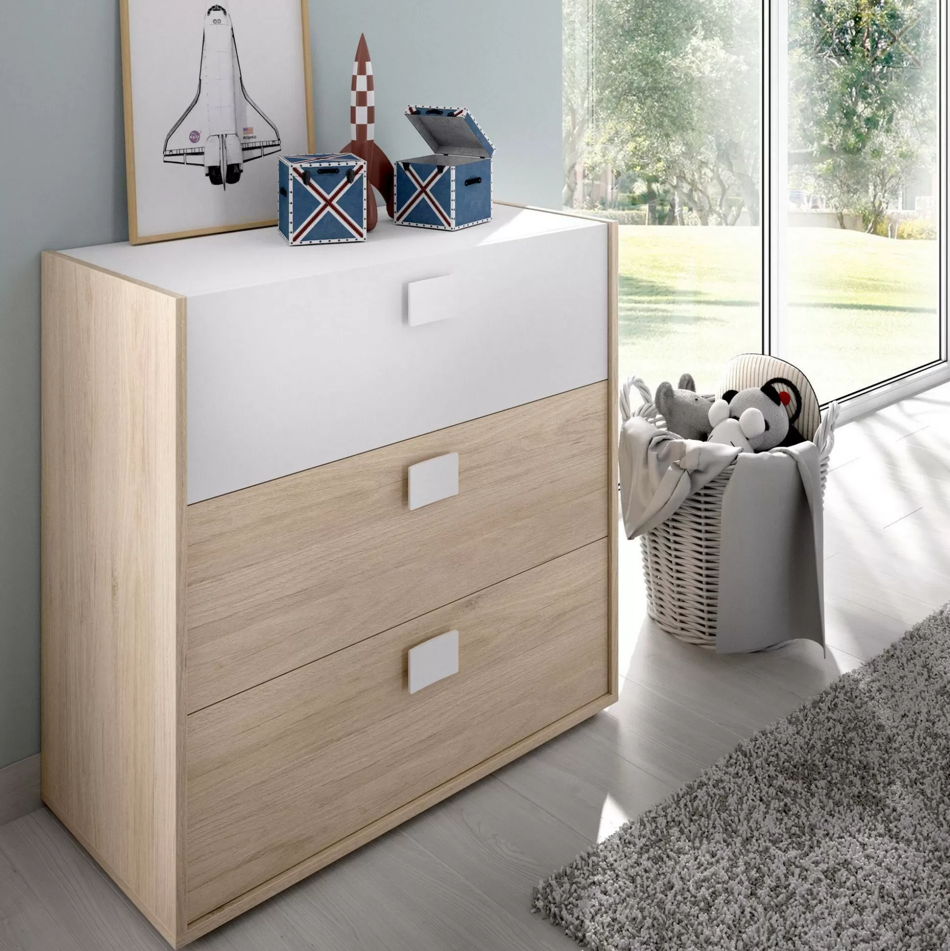 Dmora Cassettiere<Cassettiera Alibaba, 80x43h81 cm, Rovere e Bianco