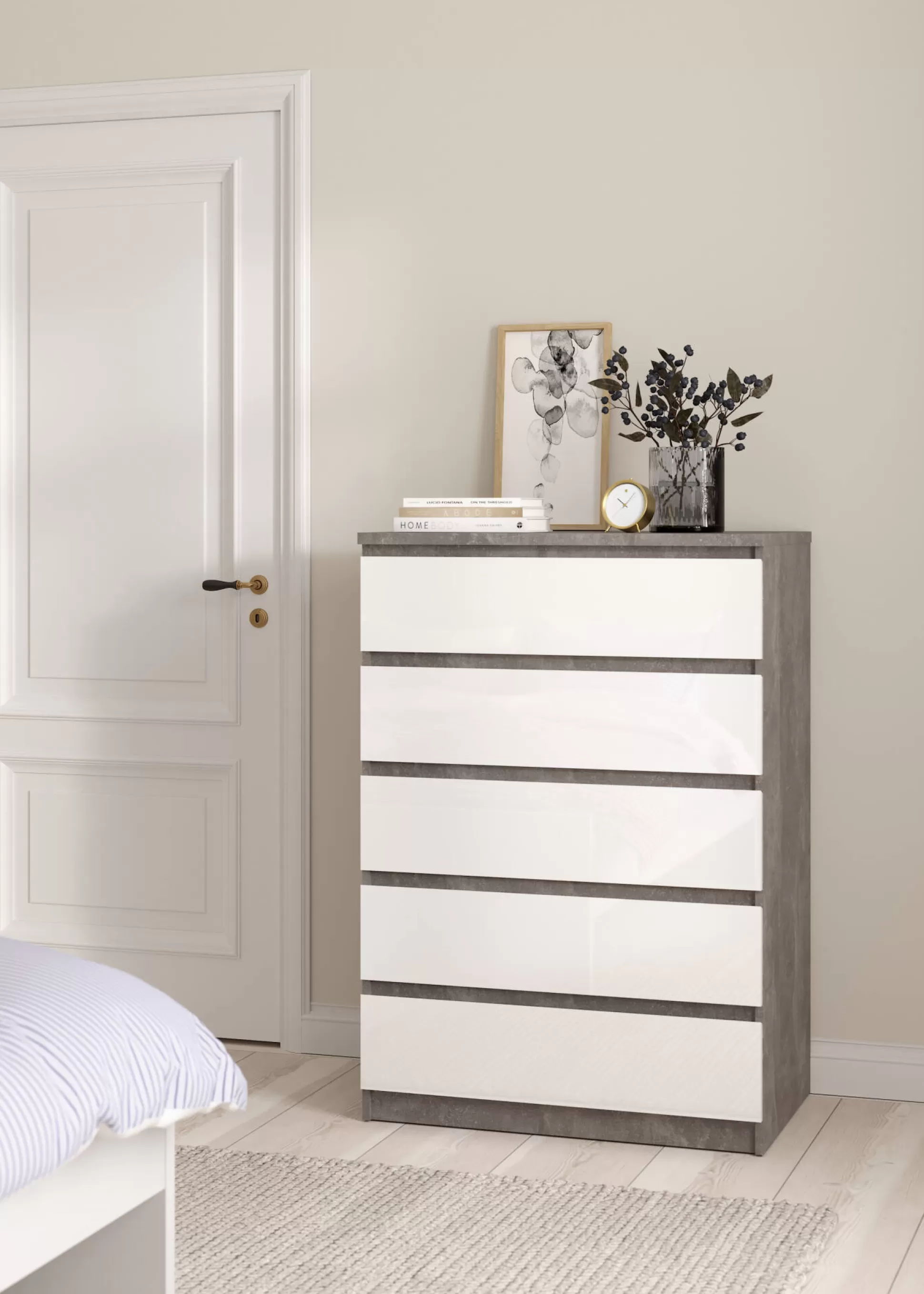 Dmora Cassettiere<Cassettiera Ansel, 50x77 h111 cm, Cemento e Bianco