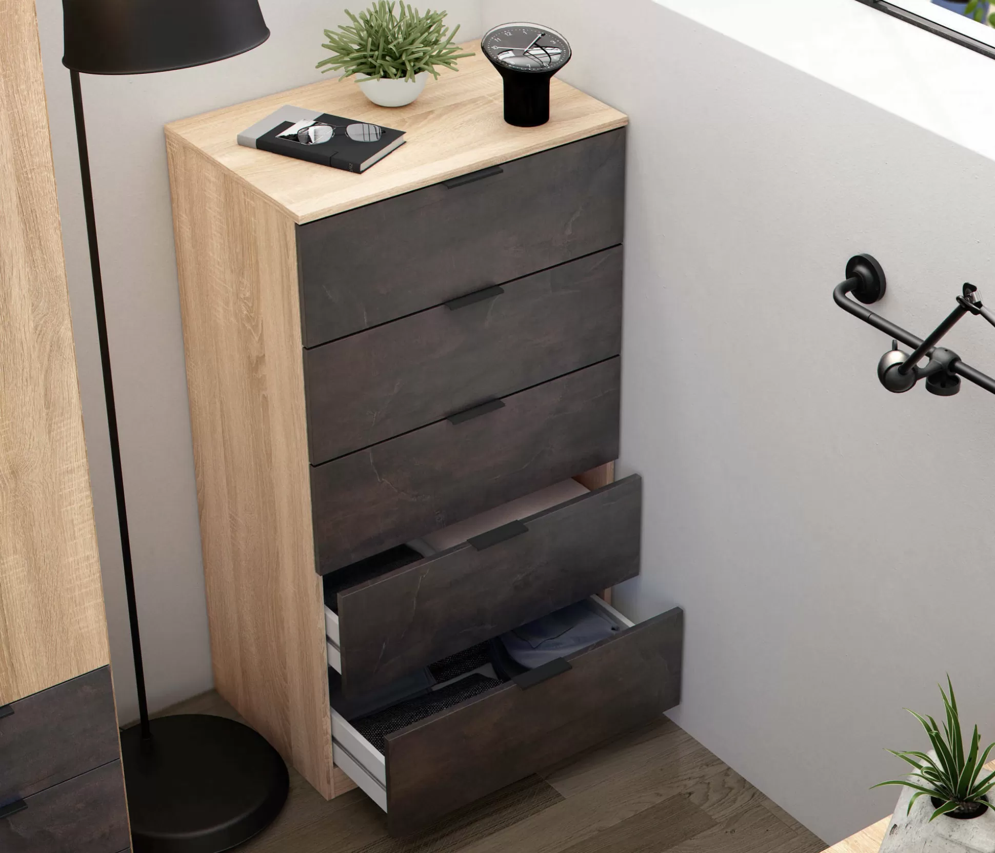 Dmora Cassettiere<Cassettiera Armenia, 60x40h110 cm, Rovere e Antracite