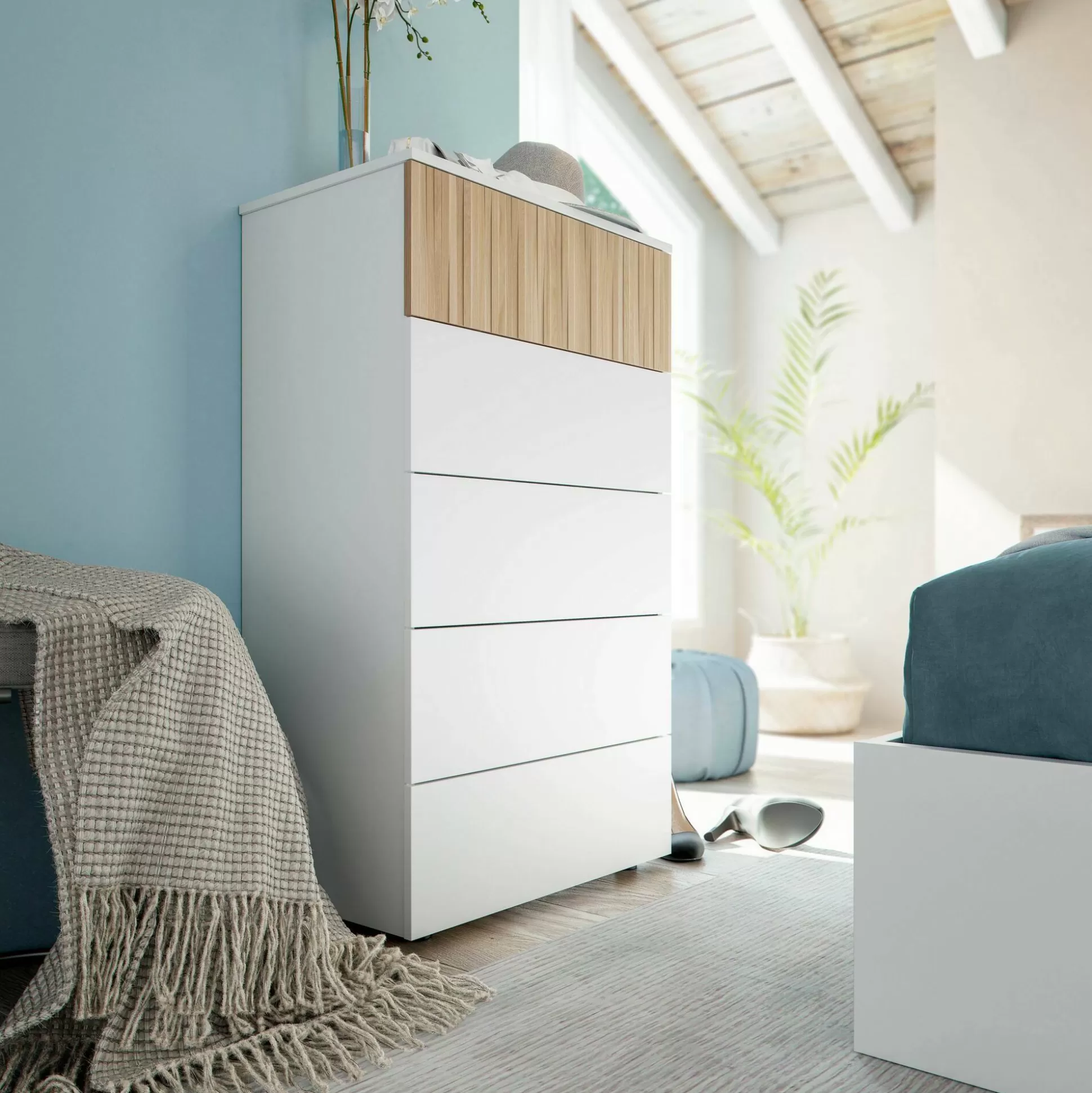 Dmora Cassettiere<Cassettiera Asiatica, 61x40h109 cm, Bianco e Rovere