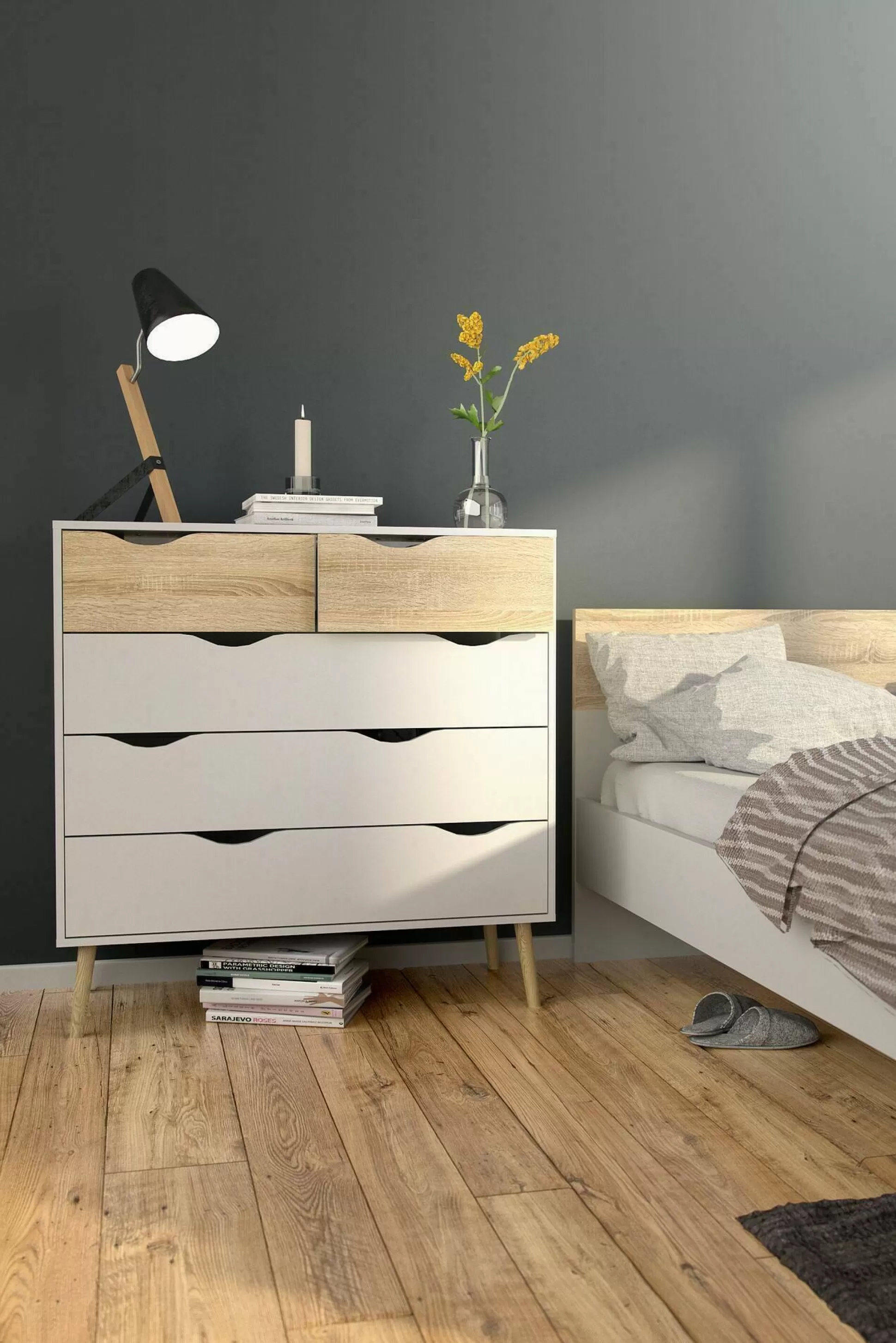 Dmora Cassettiere<Cassettiera Aurelio, 98x39 h100 cm, Bianco e Quercia