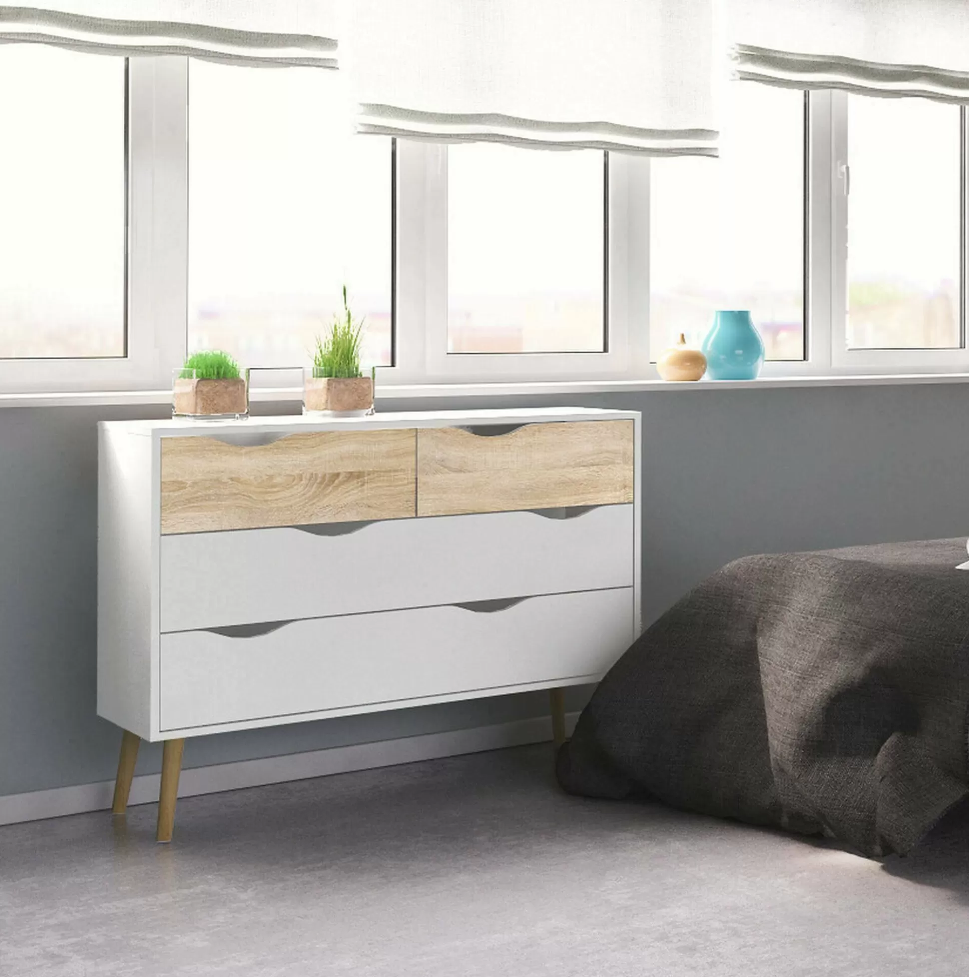 Dmora Cassettiere<Cassettiera Azir, 98x39 h81 cm, Bianco e Quercia