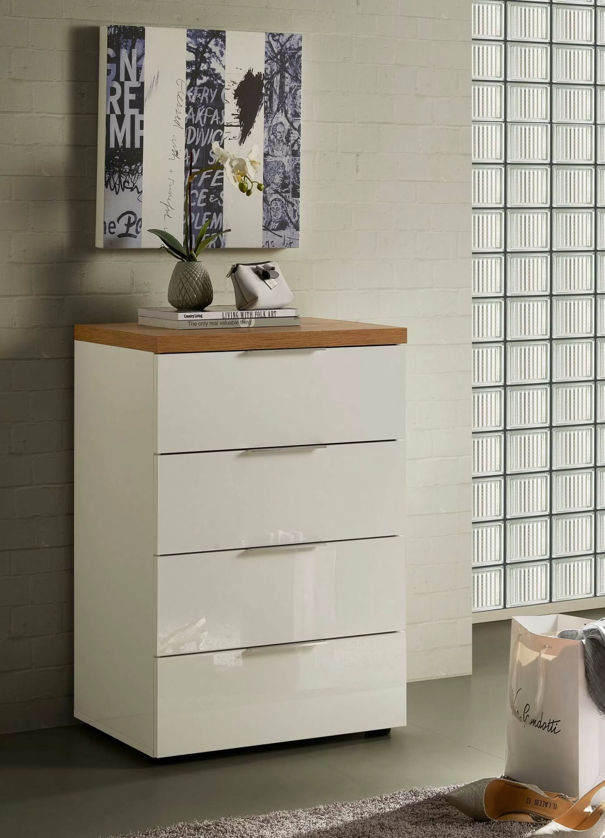 Dmora Cassettiere<Cassettiera Ddellicarr, 60x43h89 cm, Bianco lucido e Rovere