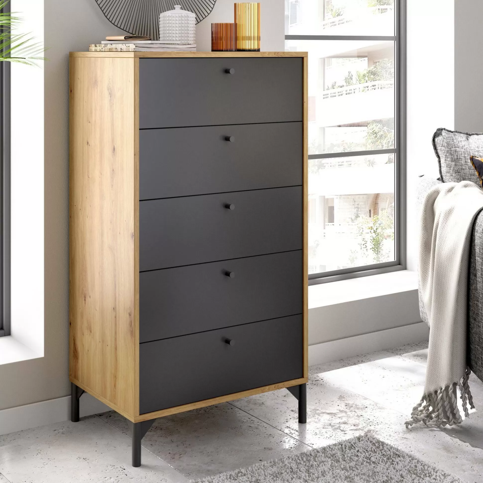 Dmora Cassettiere<Cassettiera Dlovati, 60x40h127 cm, Rovere e Antracite