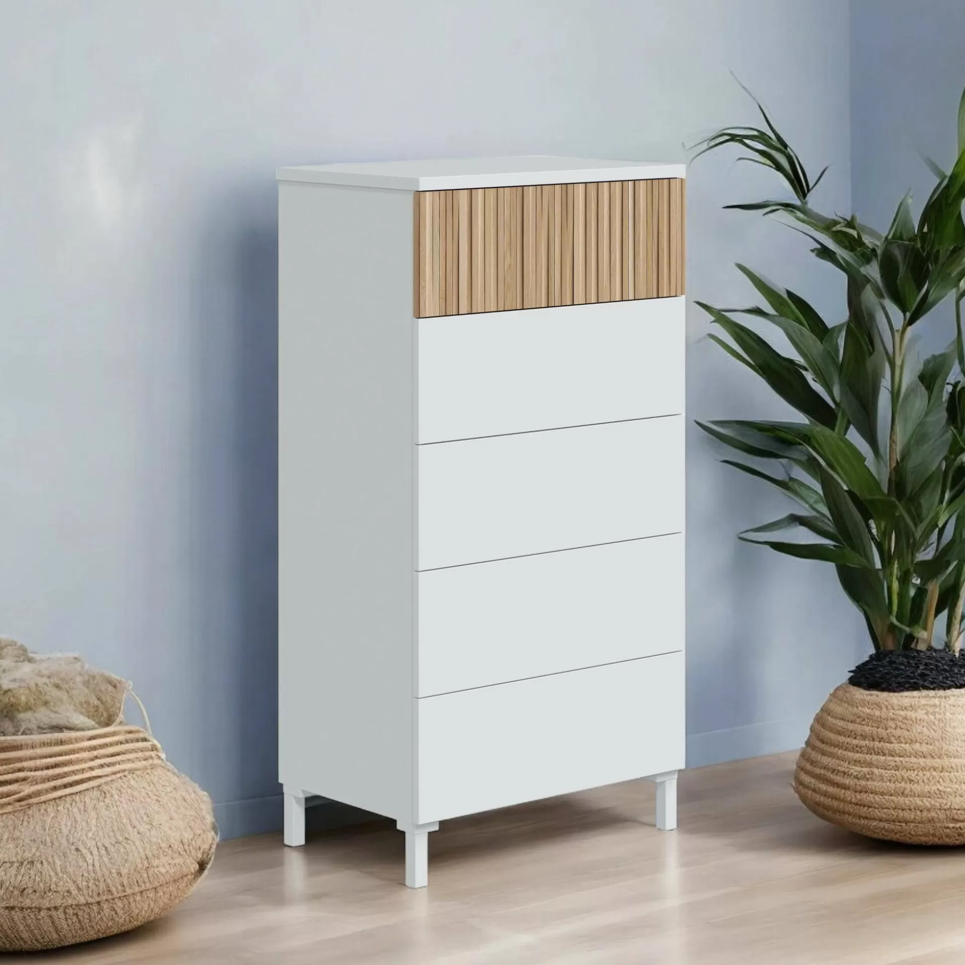 Dmora Cassettiere<Cassettiera Dzorr, 61x40 h118 cm, Bianco e Rovere