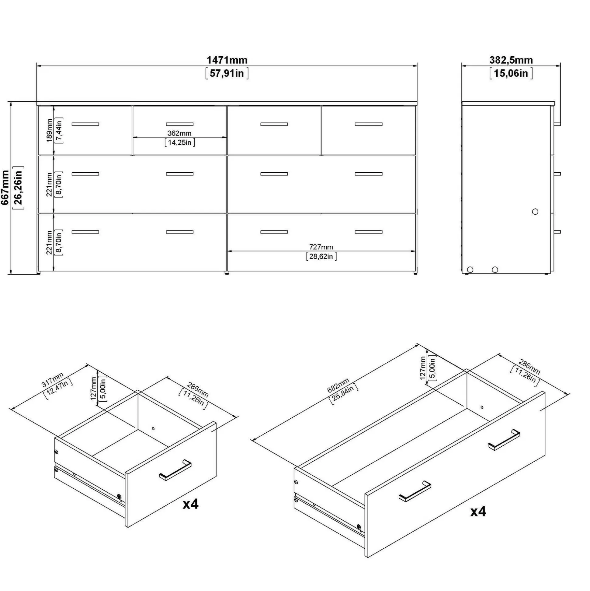 Dmora Cassettiere<Cassettiera Lista, 36x147 h67 cm, Quercia e Bianco