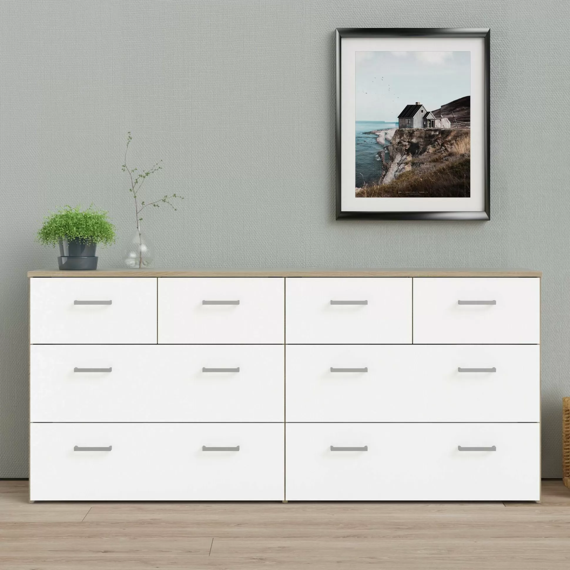 Dmora Cassettiere<Cassettiera Lista, 36x147 h67 cm, Quercia e Bianco
