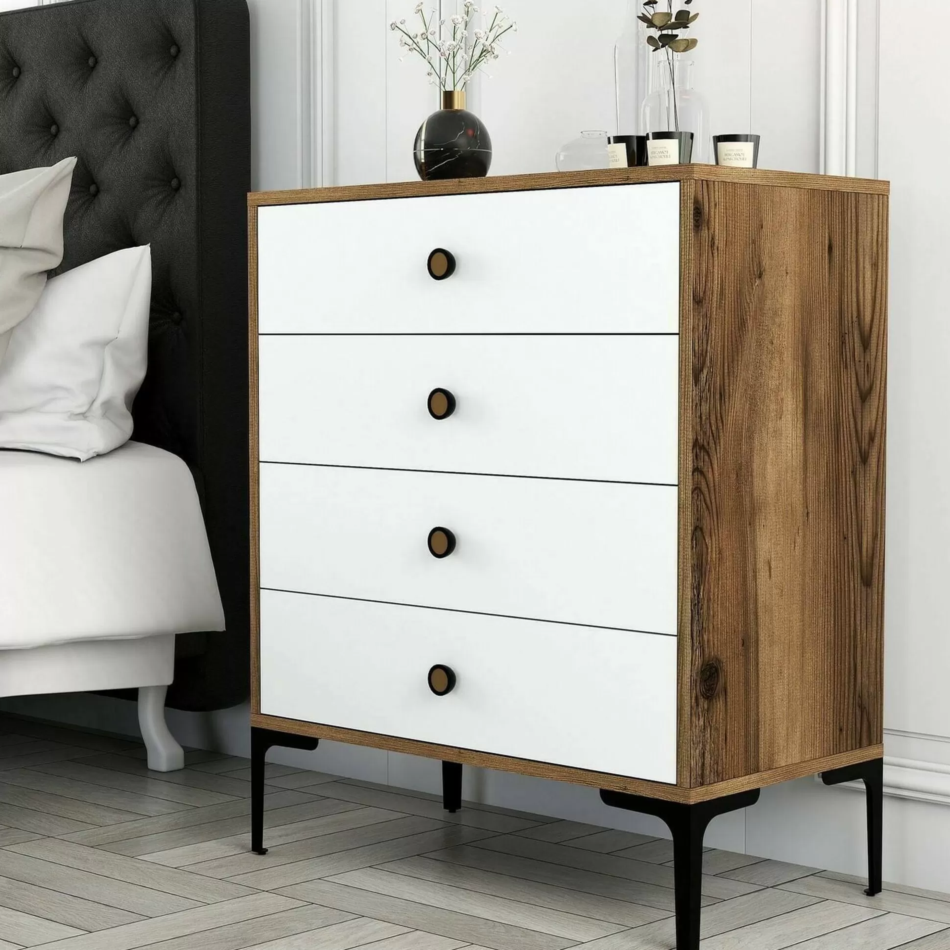 Dmora Cassettiere<Cassettiera Molly, 76x40h91 cm, Noce e Bianco