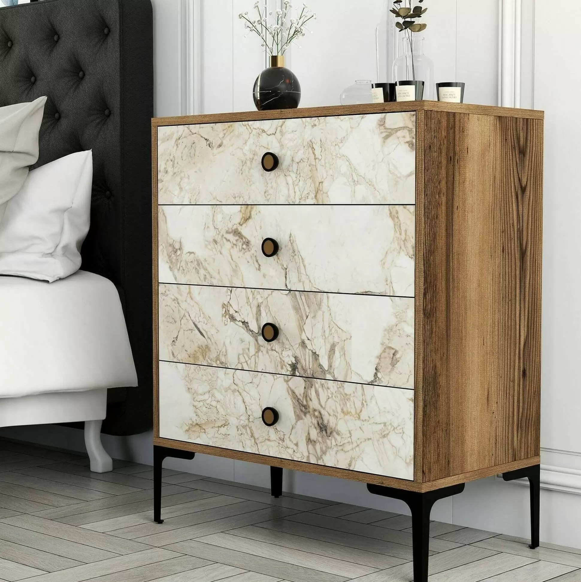 Dmora Cassettiere<Cassettiera Molly, 76x40h91 cm, Noce e Bianco