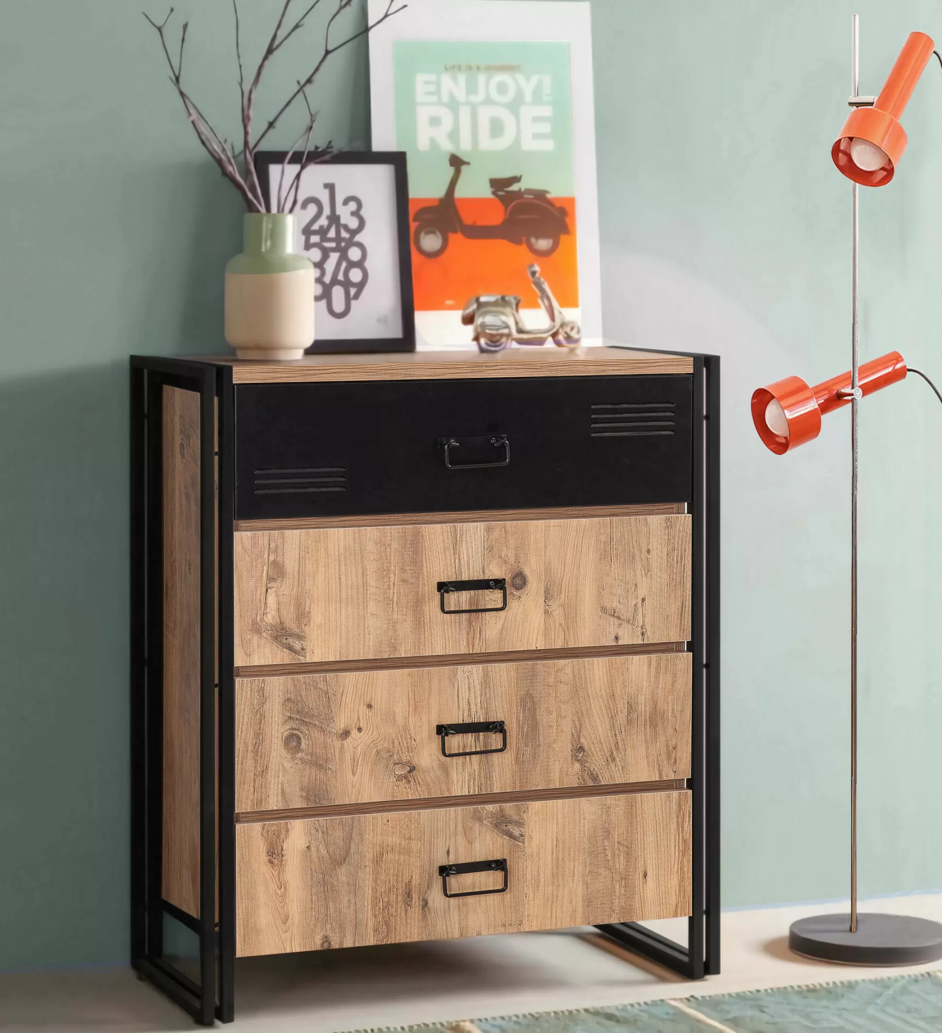Dmora Cassettiere<Cassettiera Nicolas, 90x40 h100 cm, Quercia e Nero