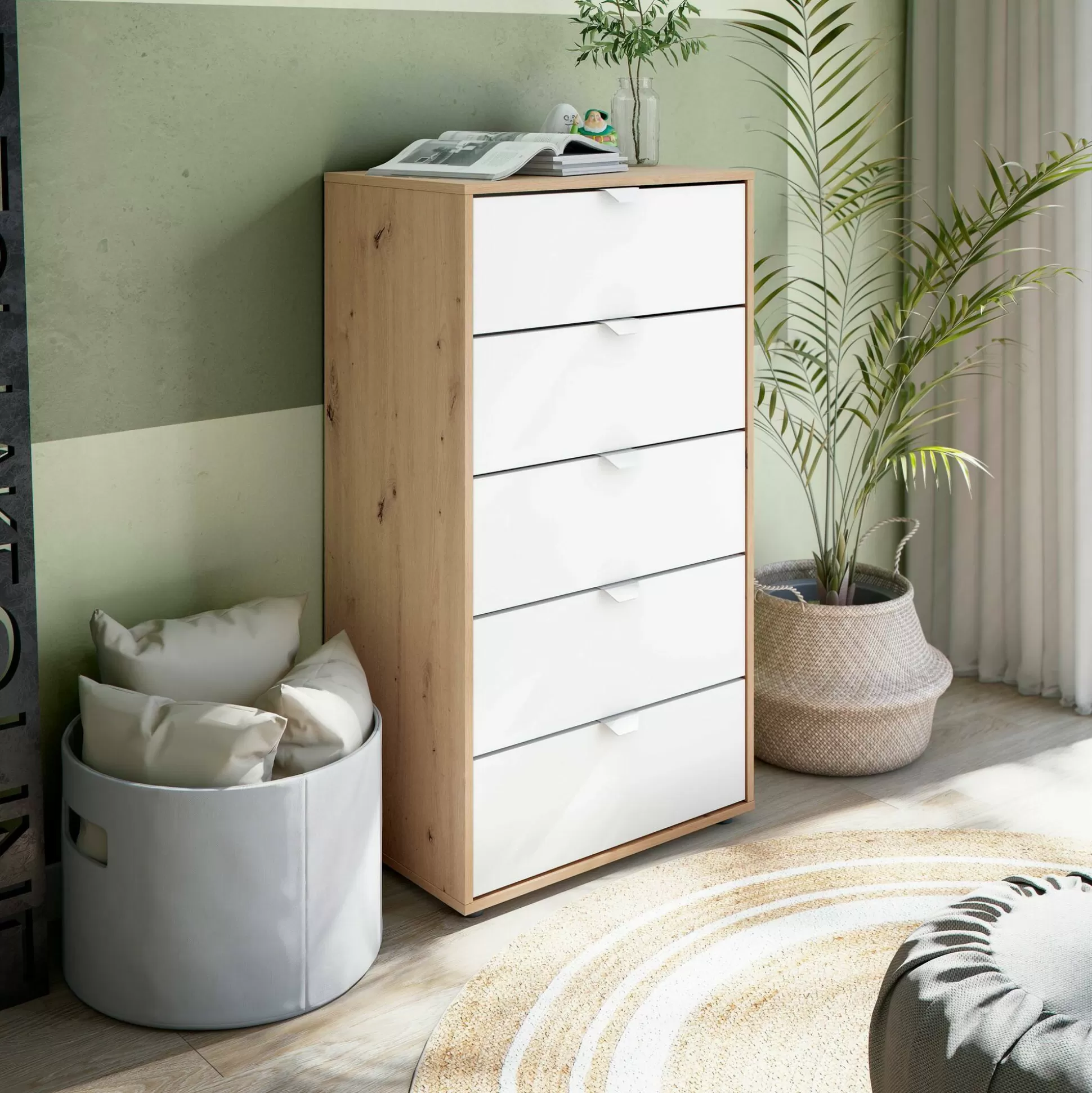 Dmora Cassettiere<Cassettiera Praha, 60x40 h109 cm, Bianco e Rovere Nodi