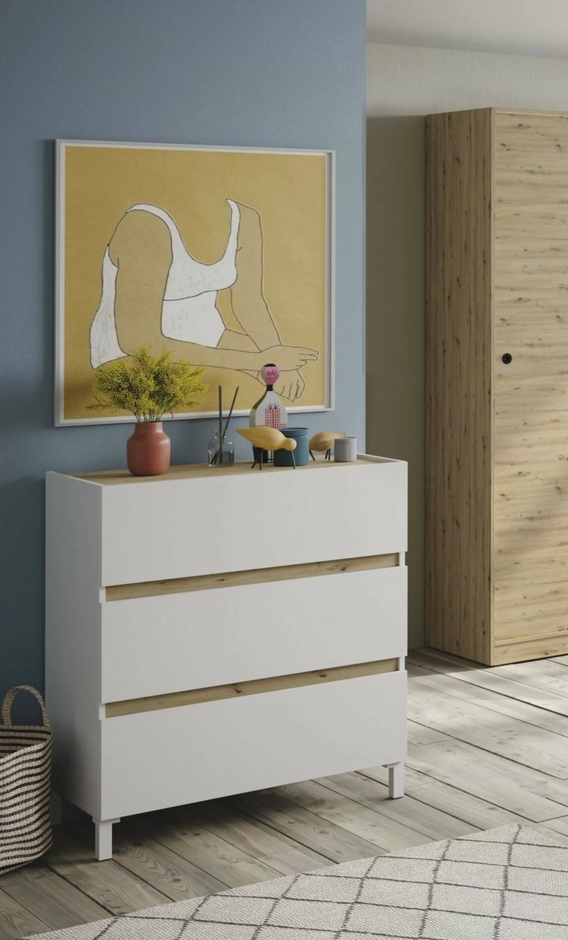 Dmora Cassettiere<Cassettiera Teddy, 79x41 h91 cm, Bianco e Rovere Nodi