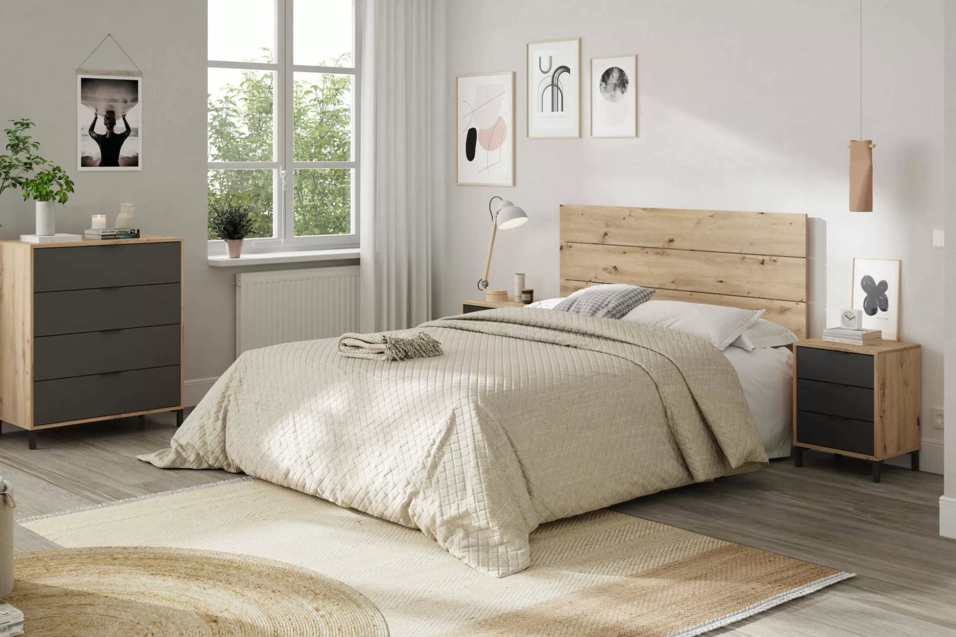 Dmora Comodini<Comodino Allan, 160x2 cm, Rovere effetto nodi e Antracite