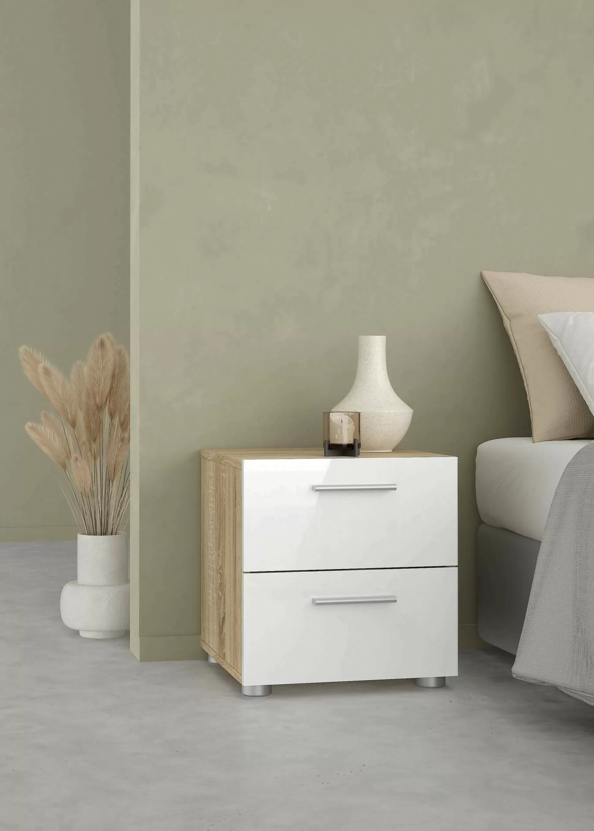 Dmora Comodini<Comodino Apolla, 40x40 h42 cm, Quercia e Bianco