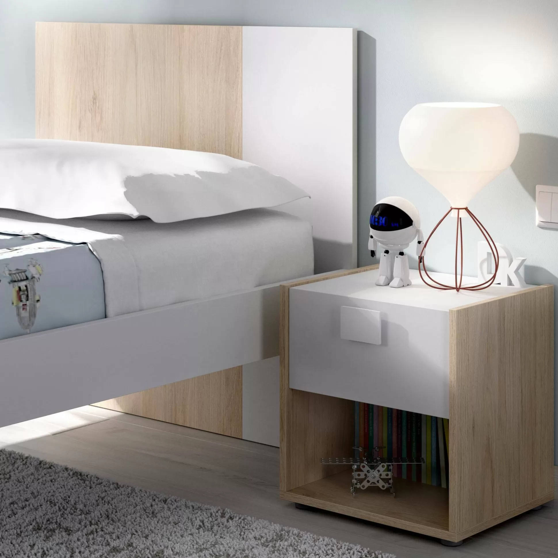 Dmora Comodini<Comodino Artica, 40x33h42 cm, Bianco e Rovere
