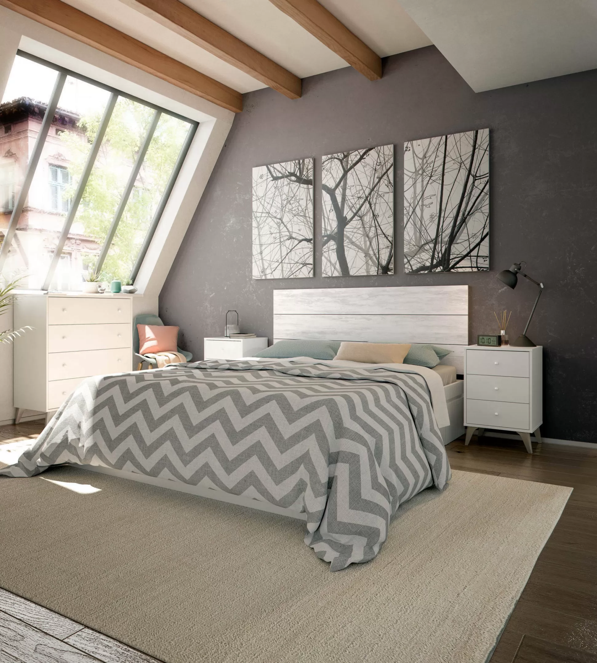Dmora Comodini<Comodino Attina, 40x34h56 cm, Bianco e Rovere