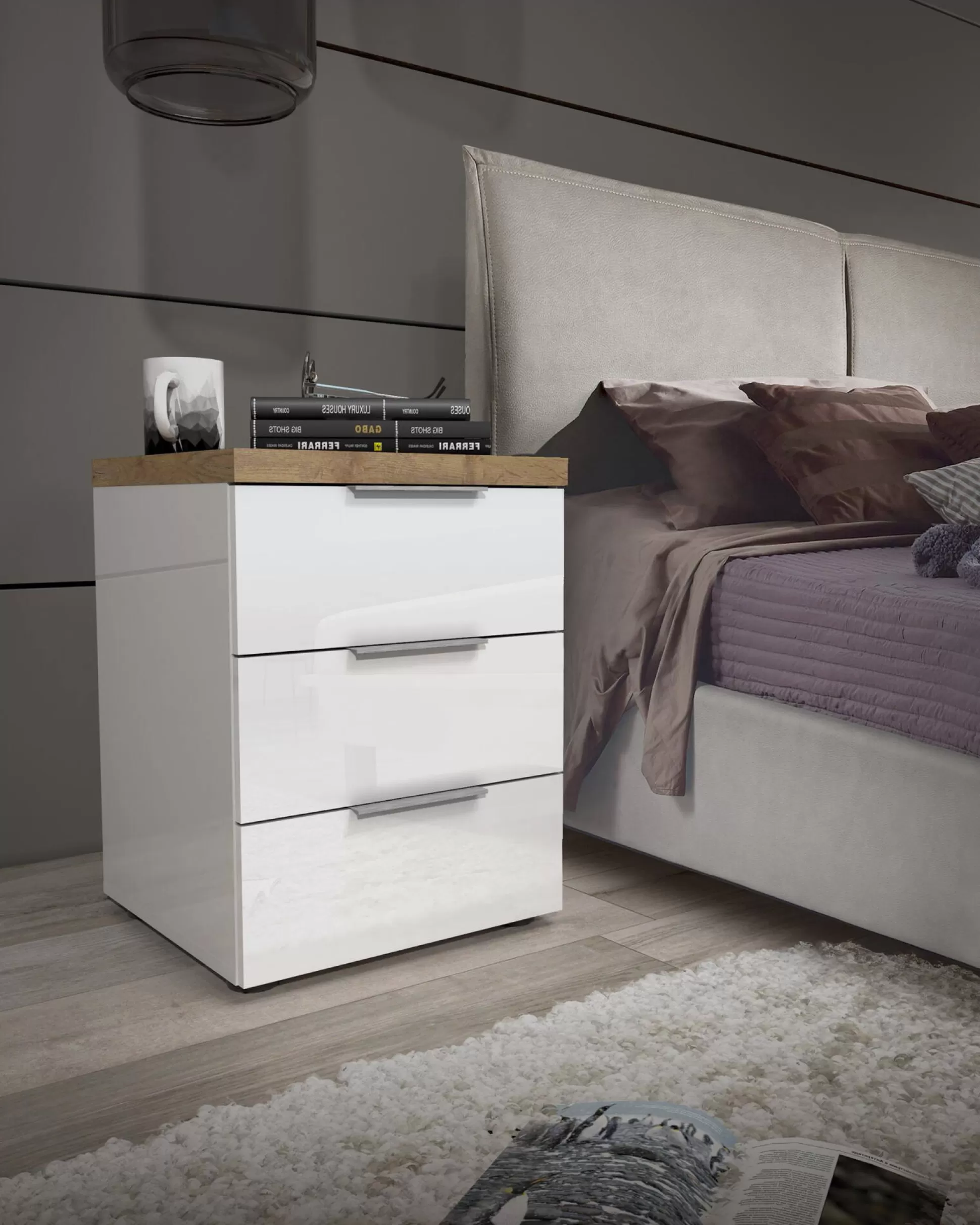 Dmora Comodini<Comodino Ddawidowic, 45x43h55 cm, Bianco lucido e Rovere