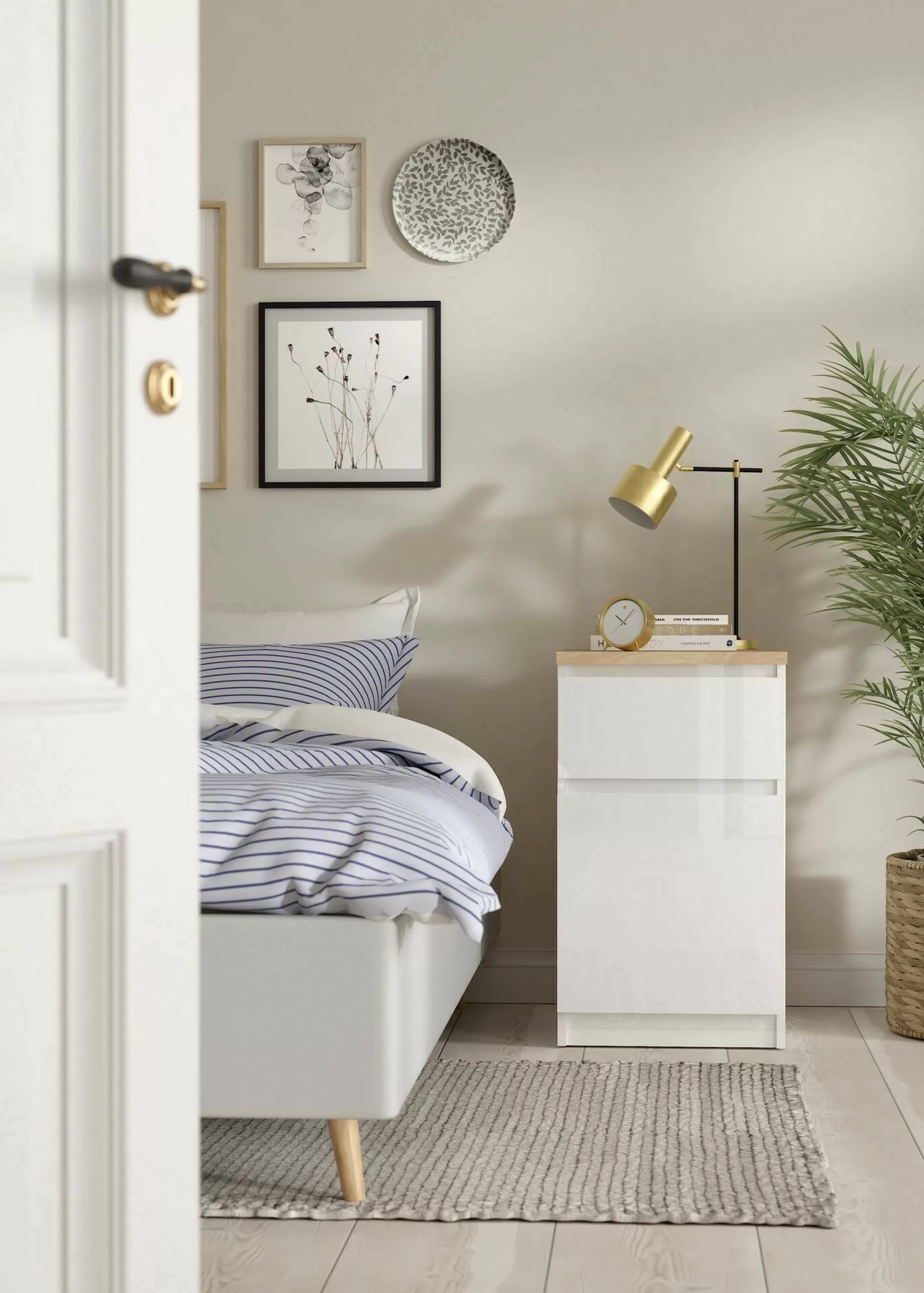 Dmora Comodini<Comodino Delfini, 40x40 h70 cm, Bianco e Rovere
