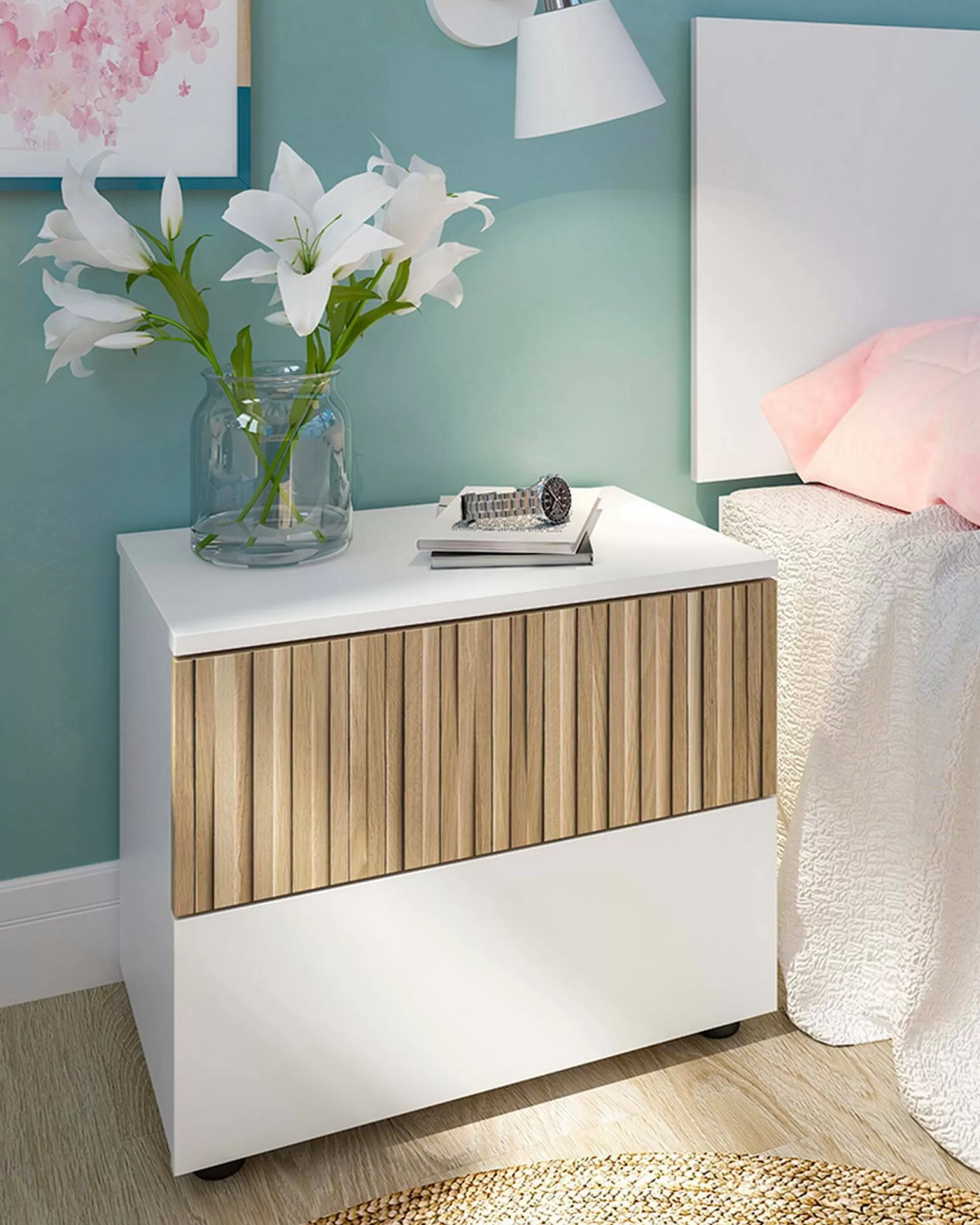 Dmora Comodini<Comodino Dzoratt, 50x42 h34 cm, Bianco e Rovere