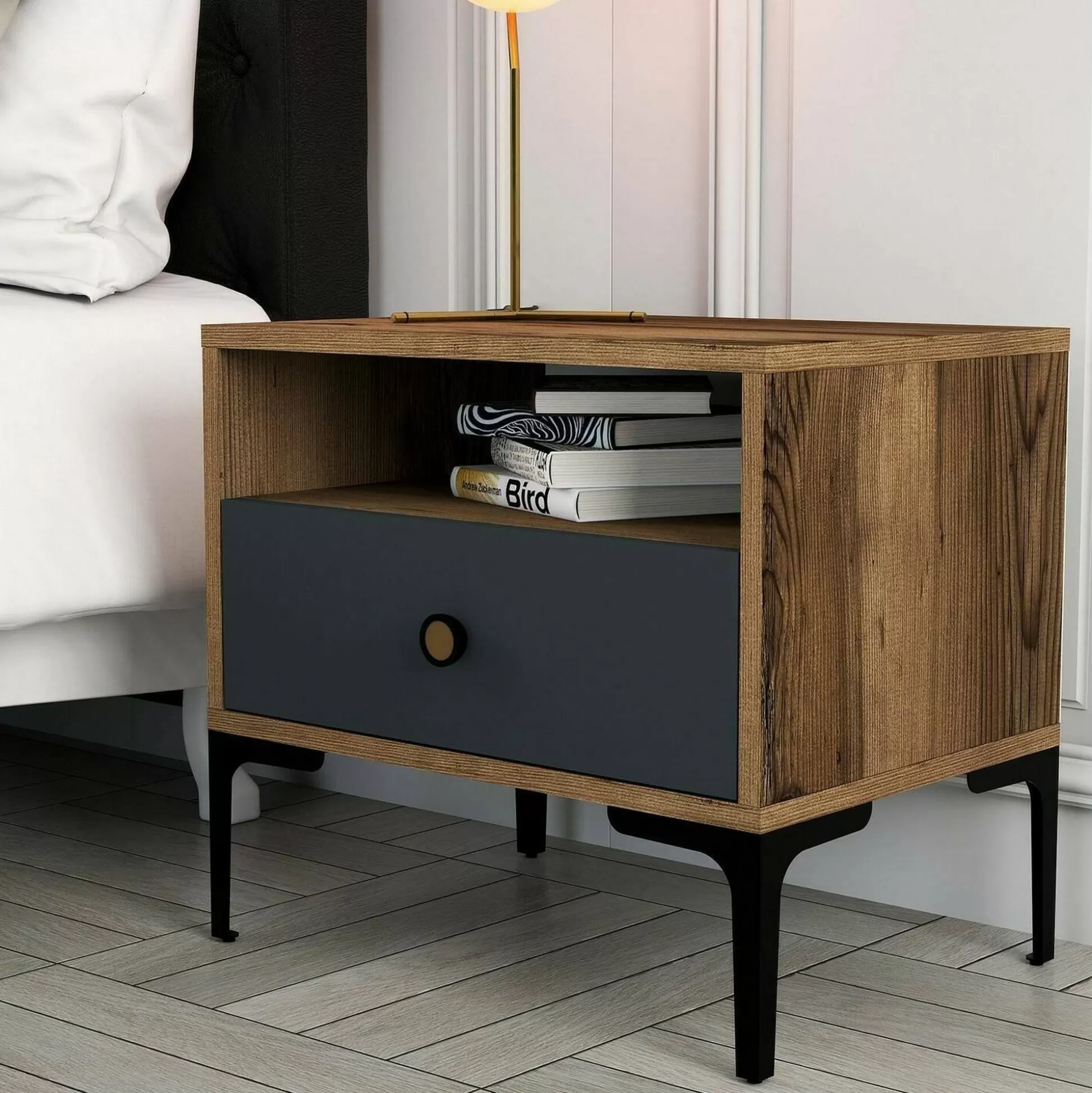Dmora Comodini<Comodino Editta, 56x40h51 cm, Noce e Antracite