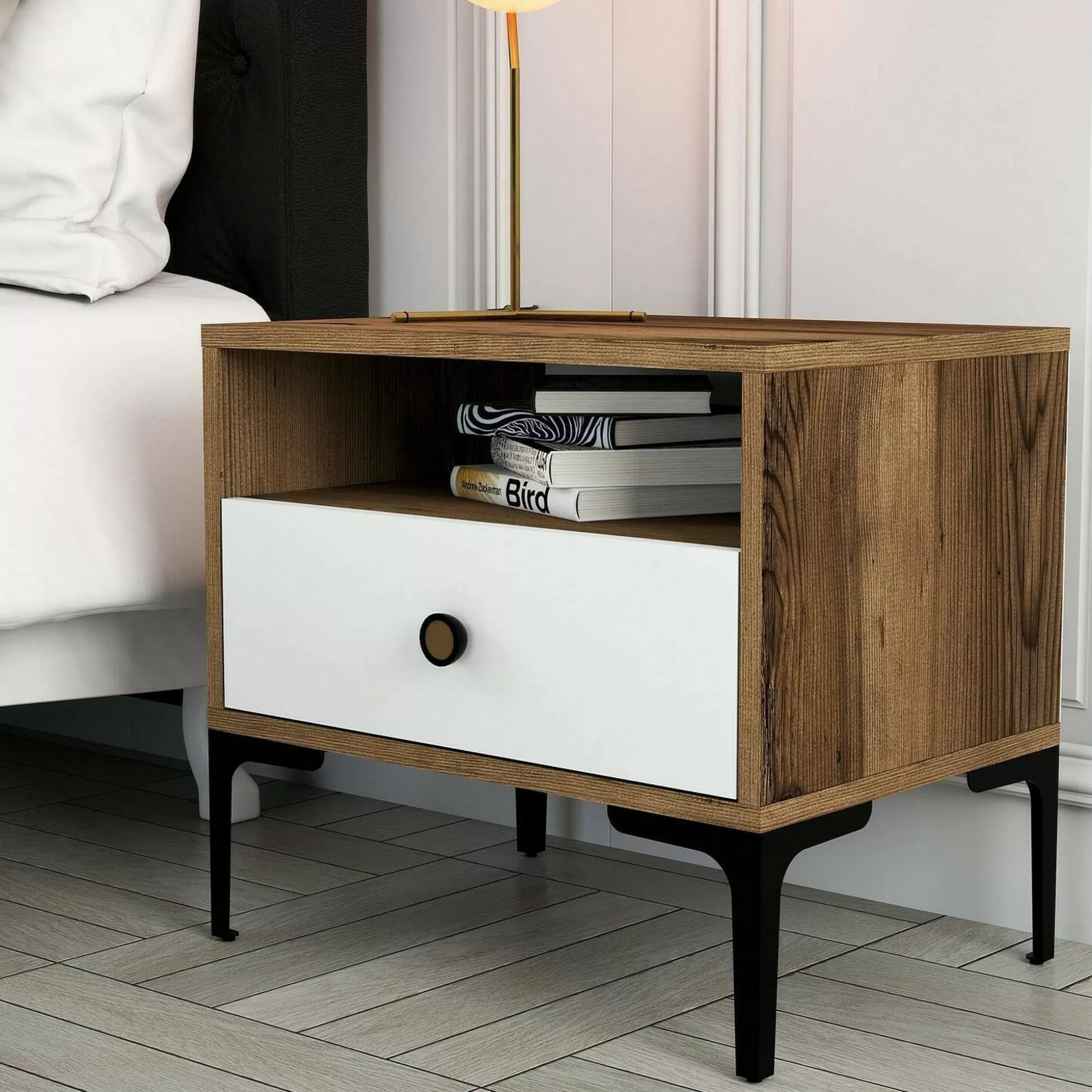 Dmora Comodini<Comodino Editta, 56x40h51 cm, Noce e Bianco
