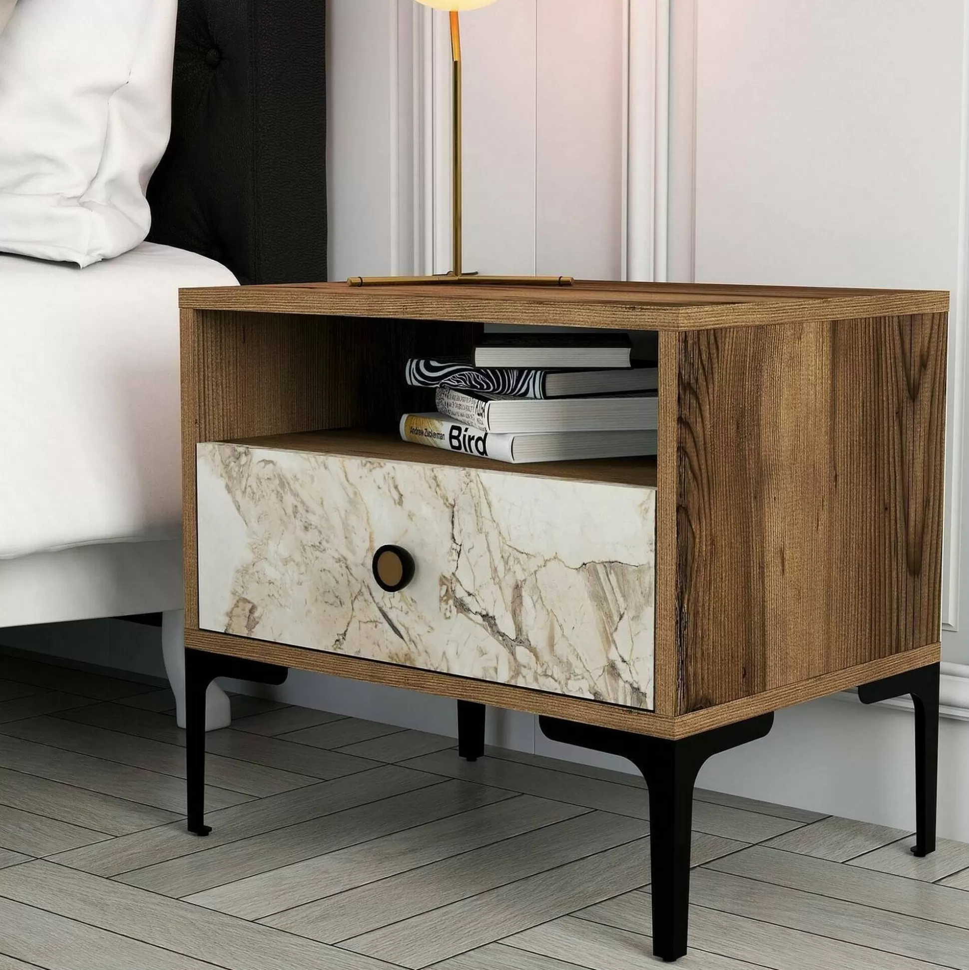 Dmora Comodini<Comodino Editta, 56x40h51 cm, Noce e Bianco Marmo
