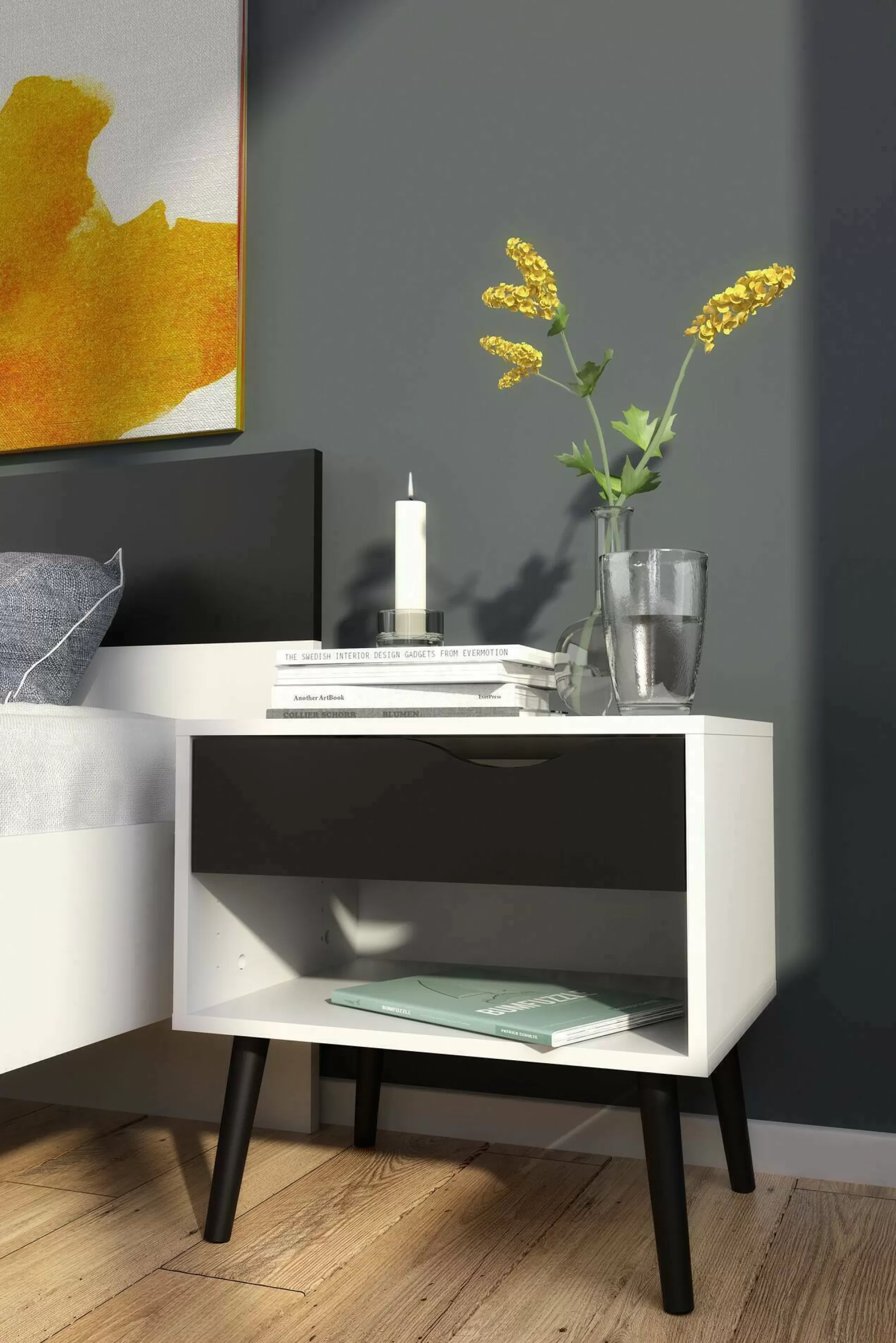 Dmora Comodini<Comodino Lucina, 50x39 h49 cm, Bianco e Nero