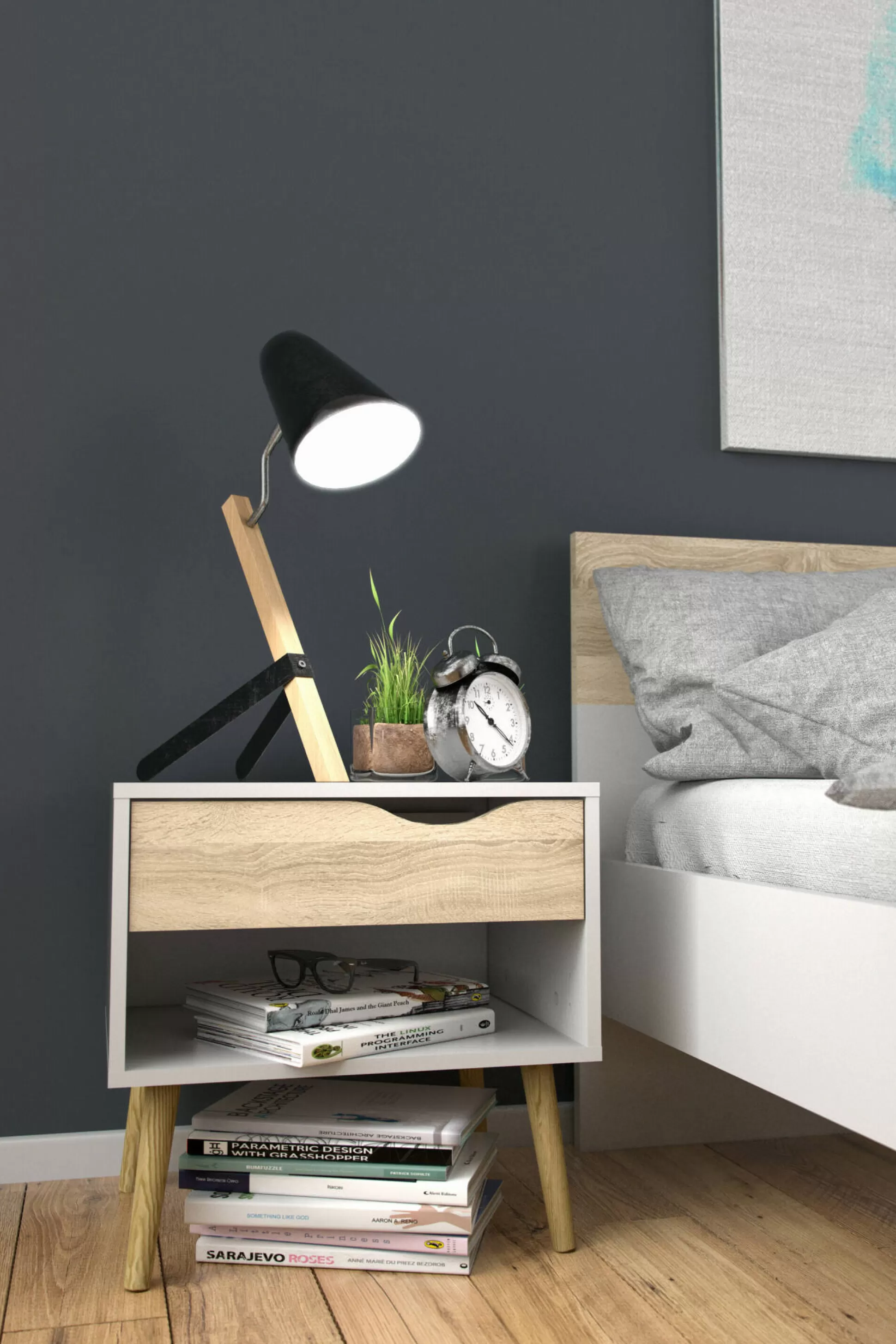 Dmora Comodini<Comodino Lucina, 50x39 h49 cm, Bianco e Quercia