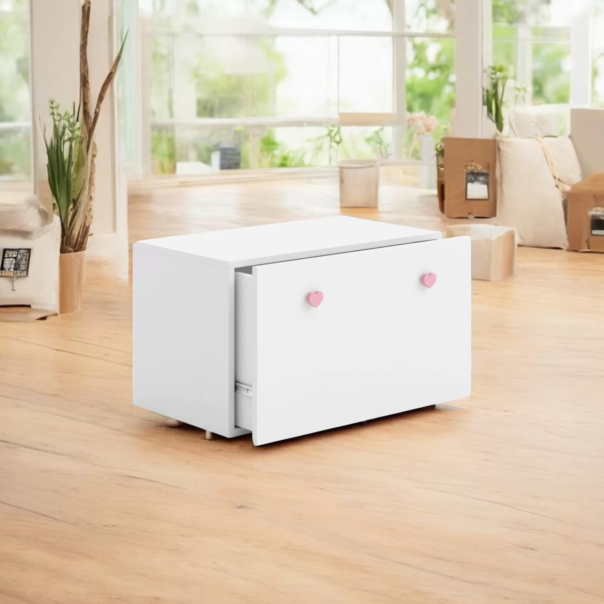 Dmora Comodini<Comodino Meari, 42x42 h71 cm, Bianco e Rosa