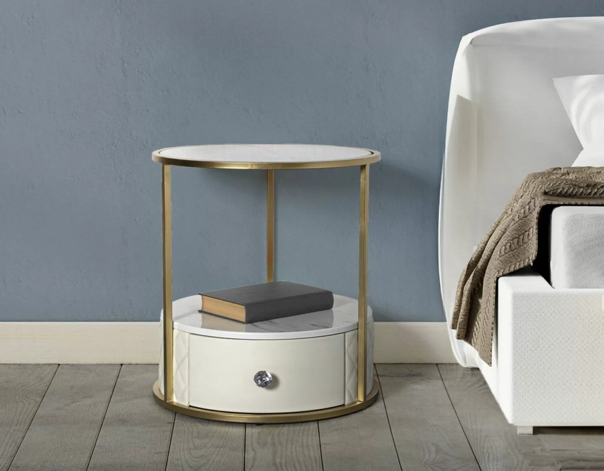 Dmora Comodini<Comodino Piandisco, 43x43 h48 cm, Bianco e Oro
