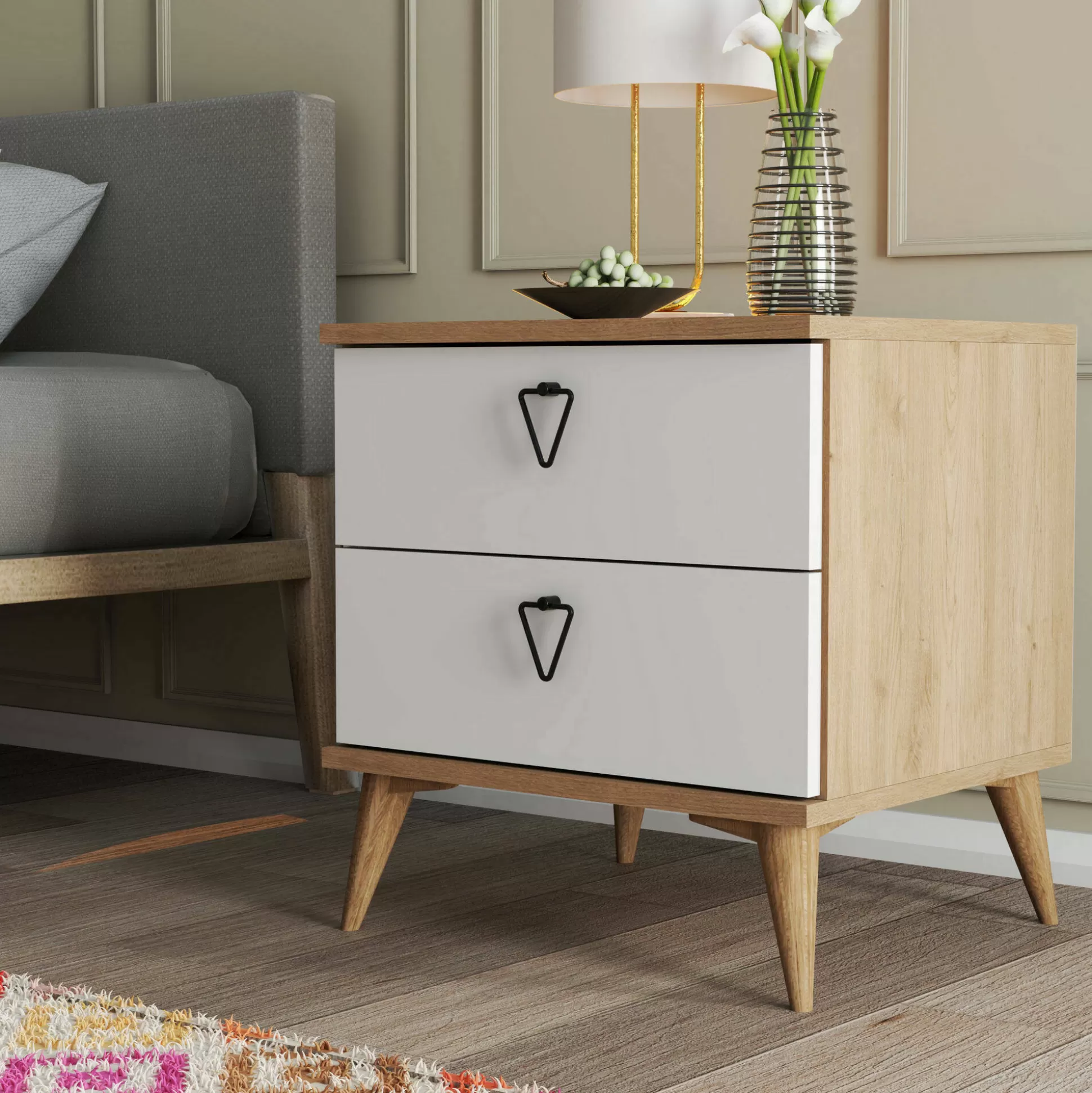 Dmora Comodini<Comodino Pilar, 52x45 h55 cm, Quercia e Bianco