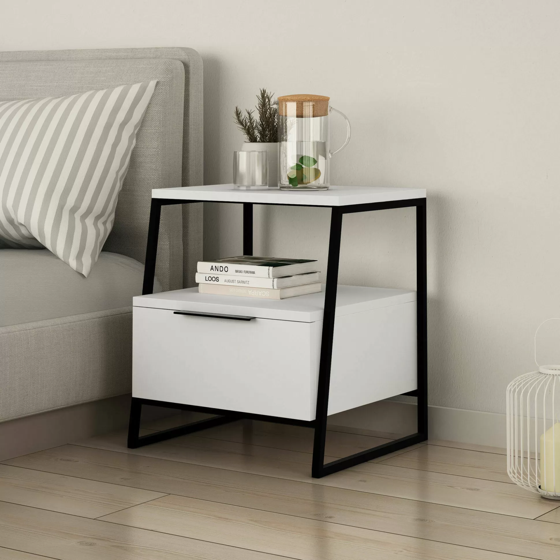 Dmora Comodini<Comodino Rosita, 45x41 h50 cm, Bianco e Nero