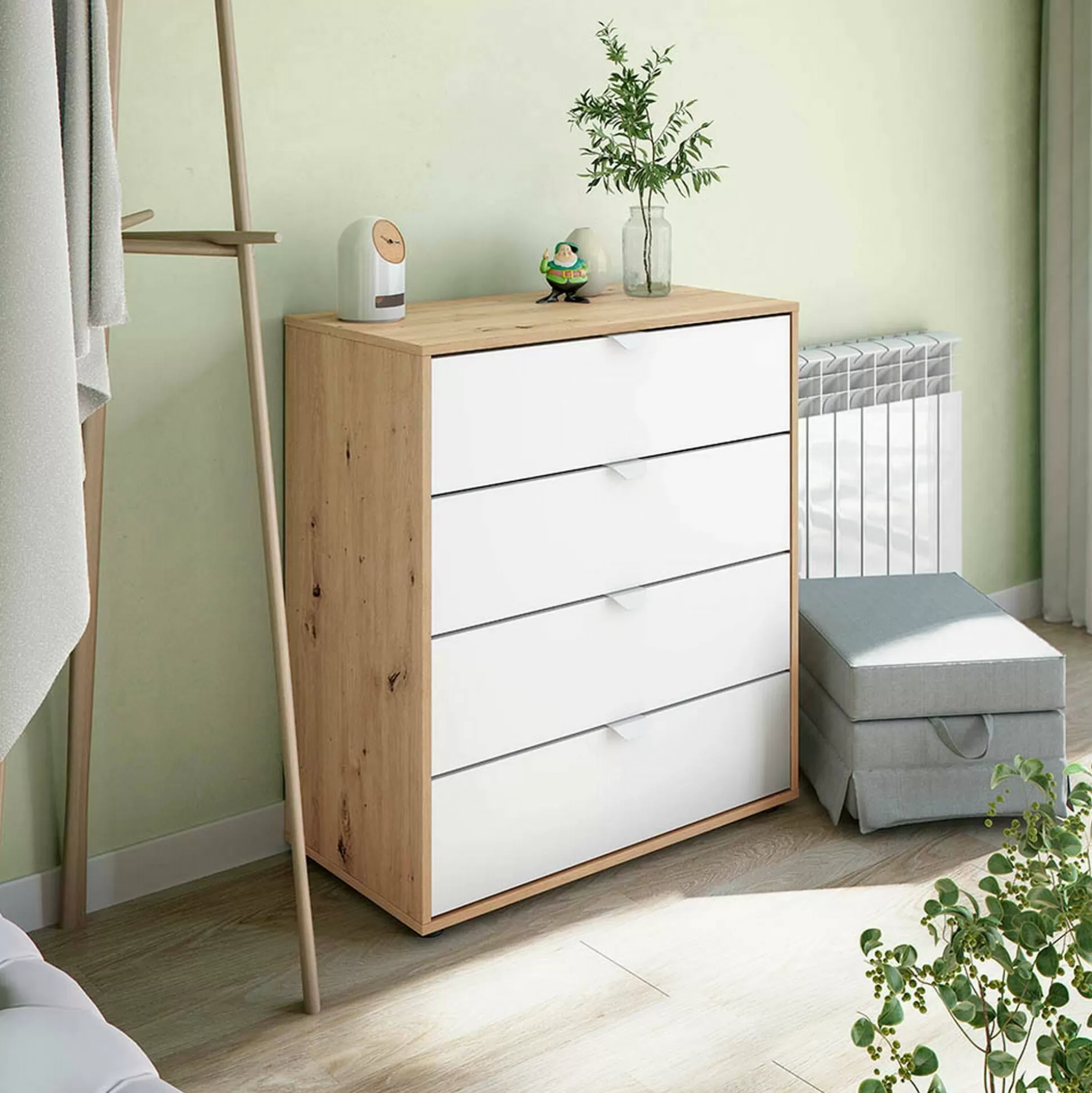 Dmora Comodini<Comodino Spinello, 78x40 h86 cm, Bianco e Rovere Nodi