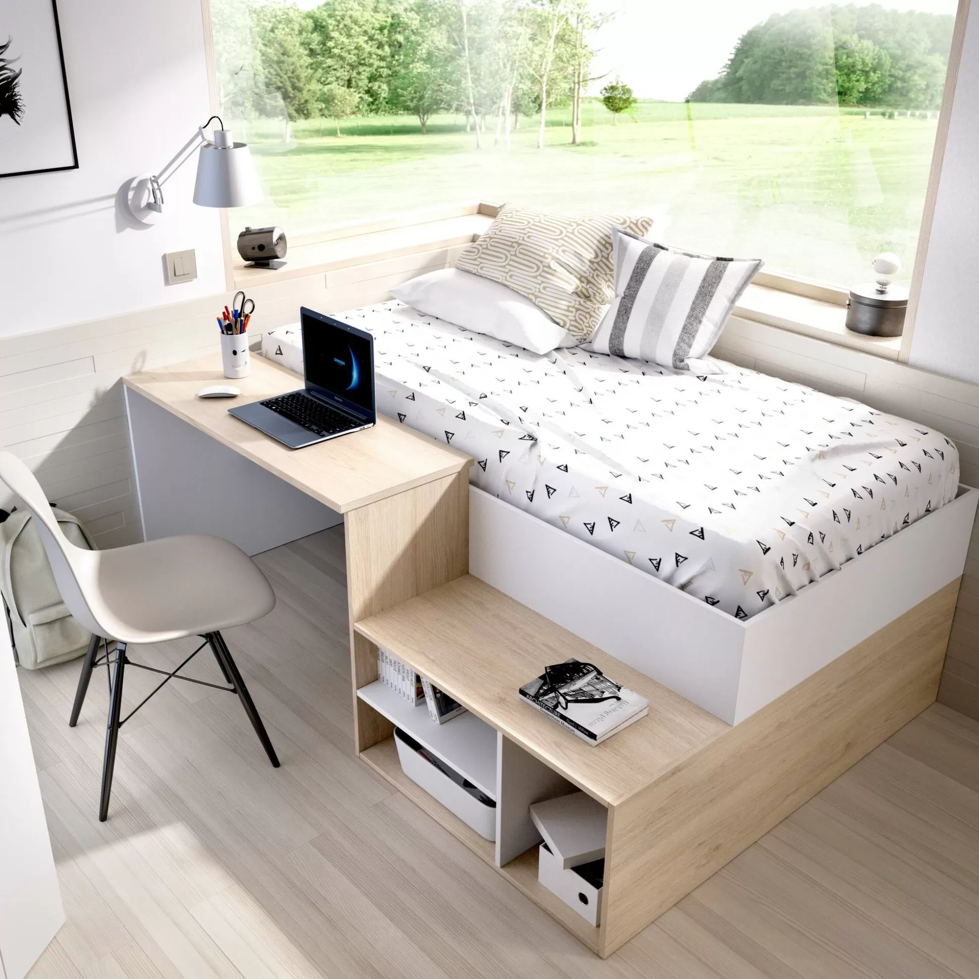 Dmora Composizioni Camera Da Letto<Composizione camera da letto Argh, 195x134h73 cm, Bianco e Rovere