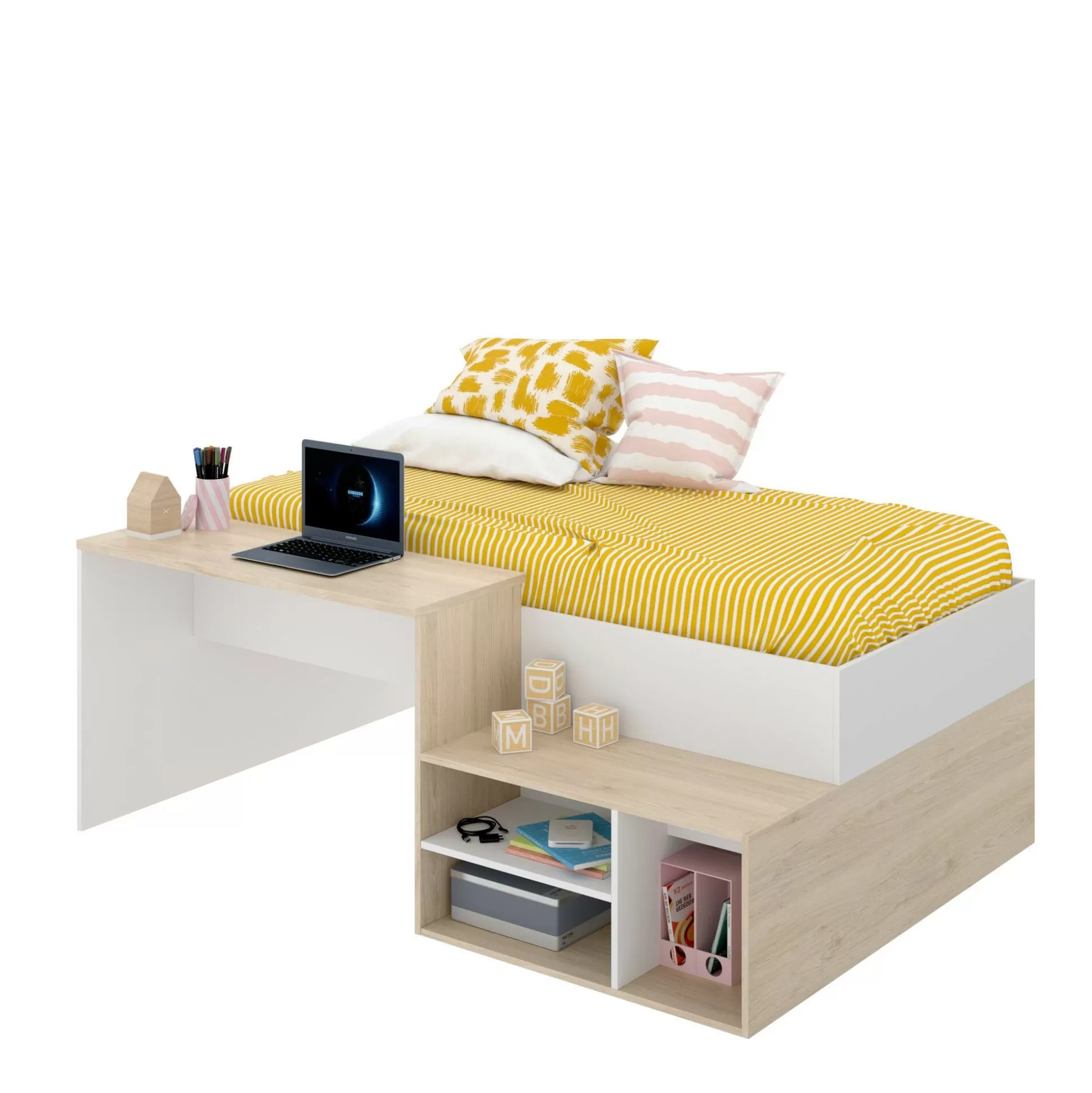 Dmora Composizioni Camera Da Letto<Composizione camera da letto Argh, 195x134h73 cm, Bianco e Rovere