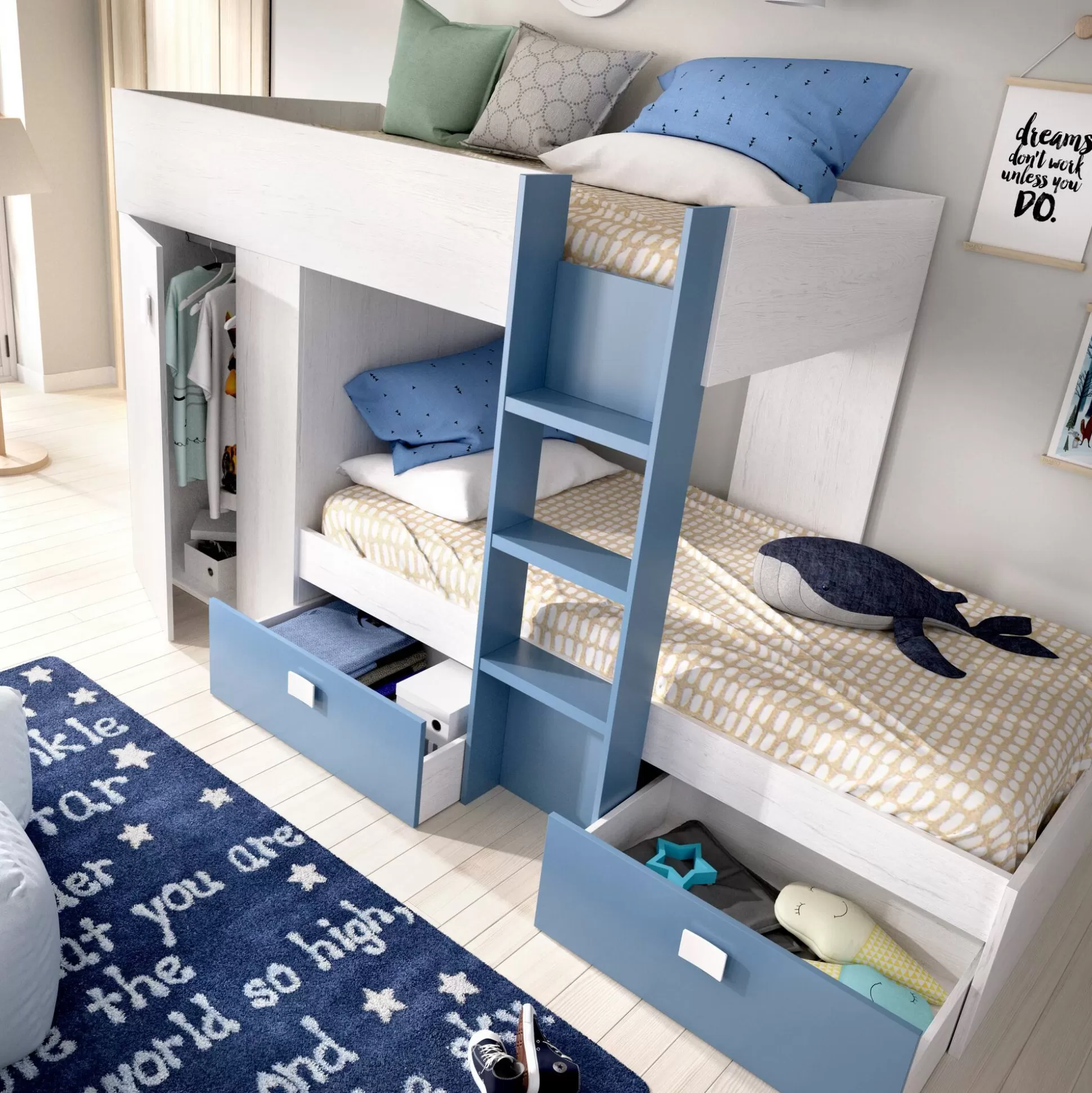 Dmora Composizioni Camera Da Letto<Composizione camera da letto Dbajram, 271x111h150 cm, Bianco e Blu
