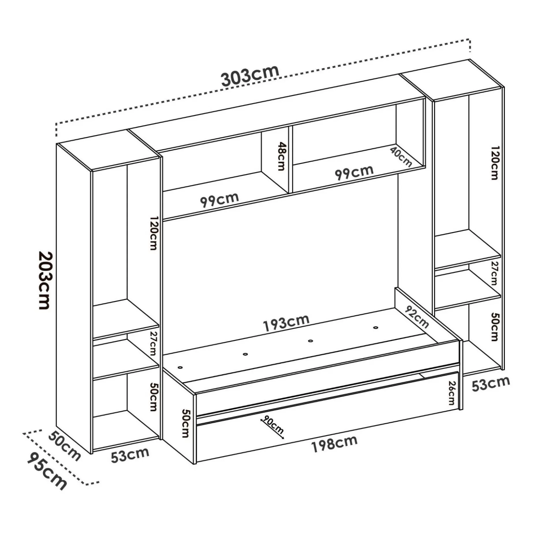 Dmora Composizioni Camera Da Letto<Composizione camera da letto Giustizia, 303x97h203 cm, Rovere e Bianco