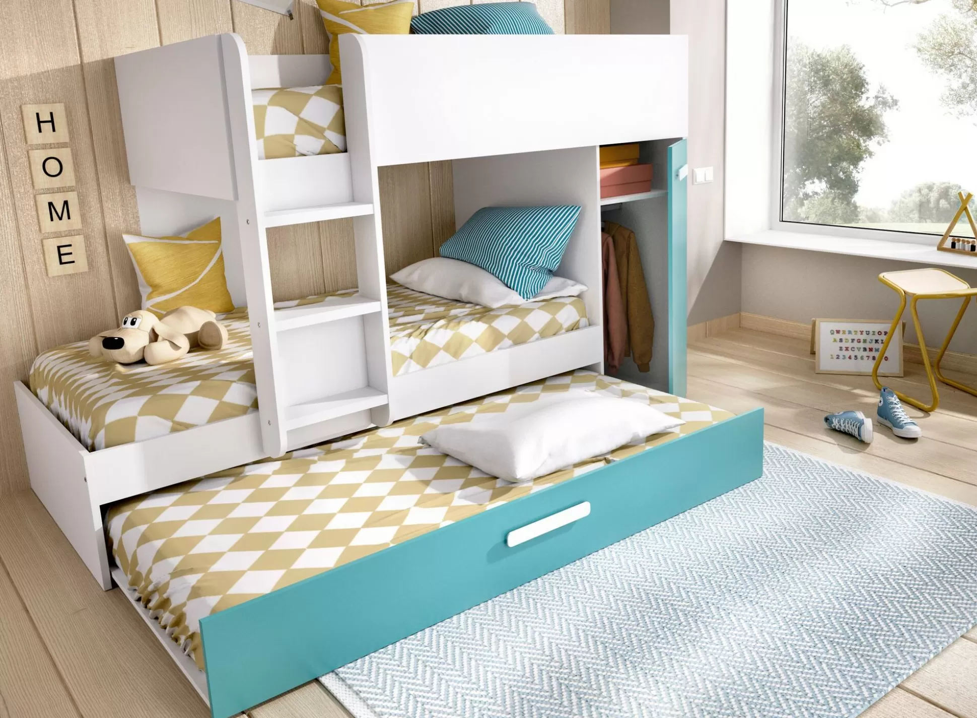 Dmora Composizioni Camera Da Letto<Composizione camera da letto Hikaa, 244x112 h150 cm, Azzurro e Bianco