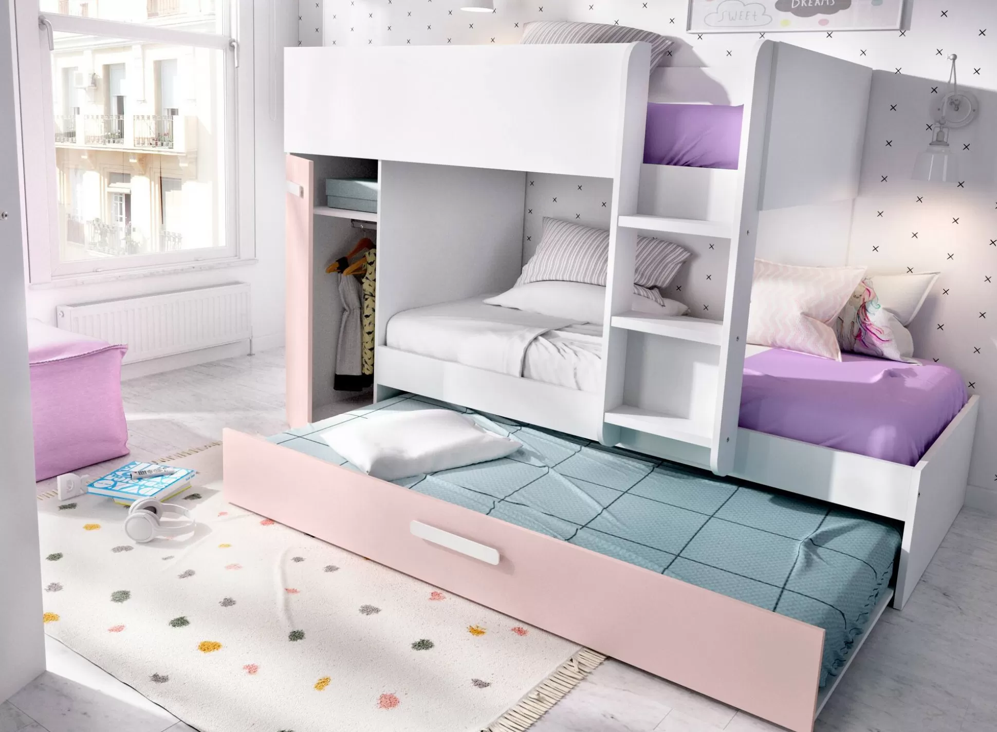Dmora Composizioni Camera Da Letto<Composizione camera da letto Hikaa, 244x112 h150 cm, Bianco e Rosa