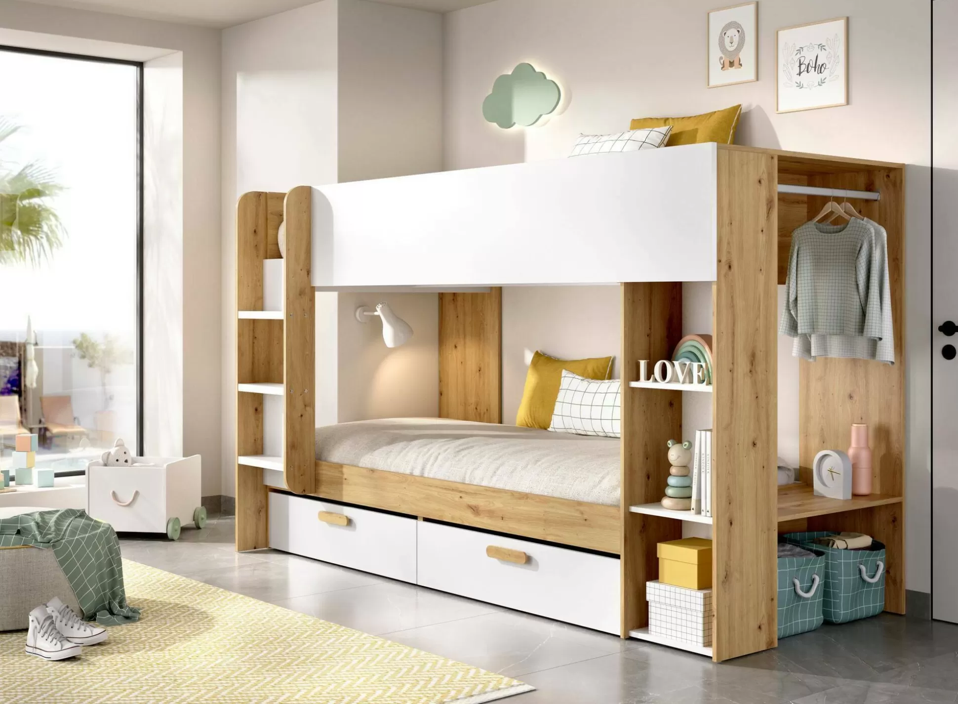 Dmora Composizioni Camera Da Letto<Composizione camera da letto Keli, 245x110 h150 cm, Bianco e Rovere Nodi