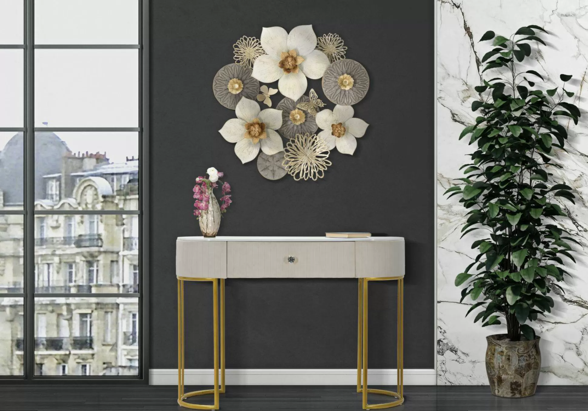 Dmora Consolle<Consolle Abstraktes , 100x40 h75 cm, Crema e Bianco