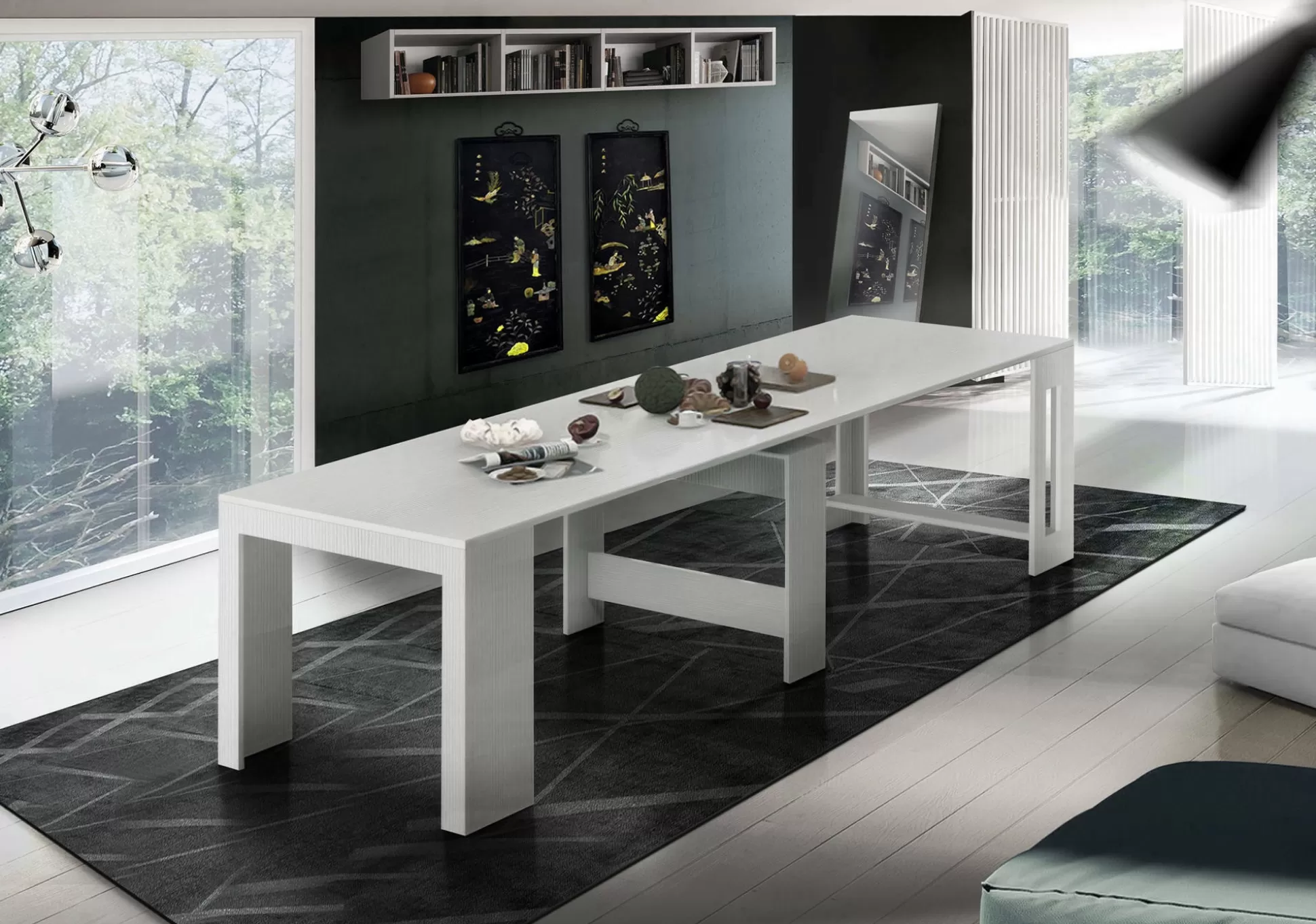 Dmora Consolle Allungabili<Consolle allungabile Anello, cm 51/300x90h77, Bianco lucido Larice
