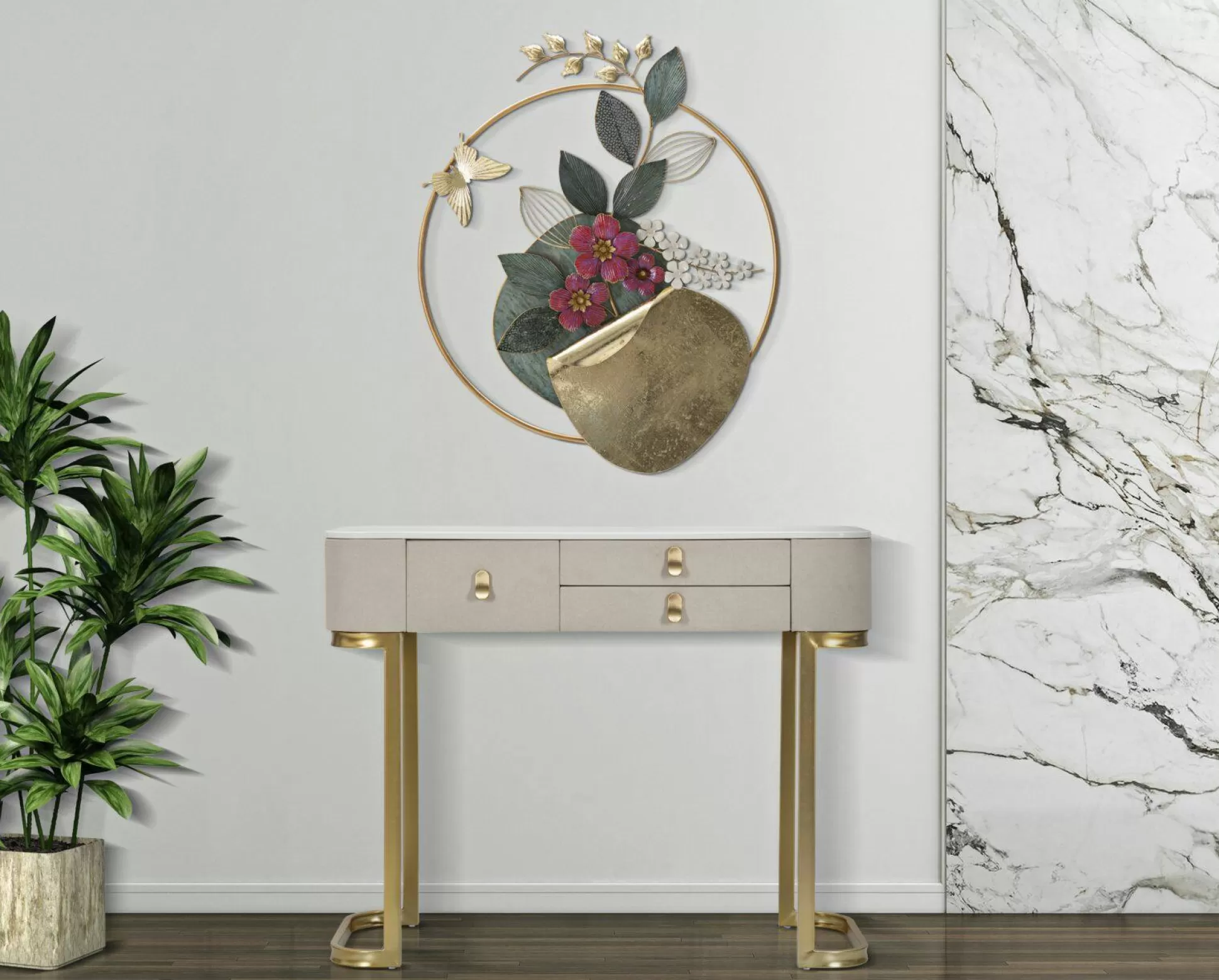 Dmora Consolle<Consolle Ronda, Crema e Oro, 100x40 h80 cm