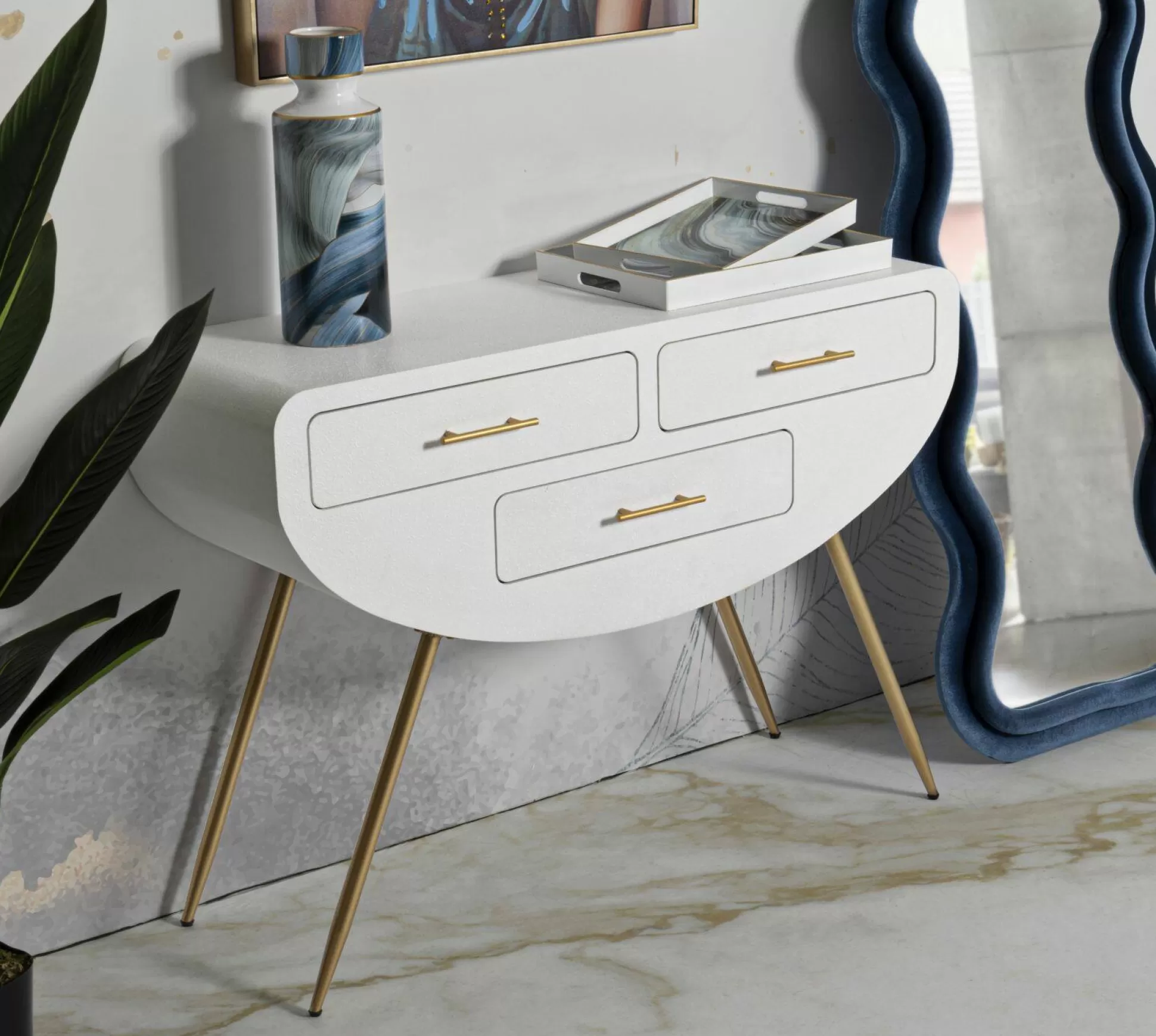 Dmora Consolle<Consolle Tomato, 110x40 h80 cm, Bianco e Oro